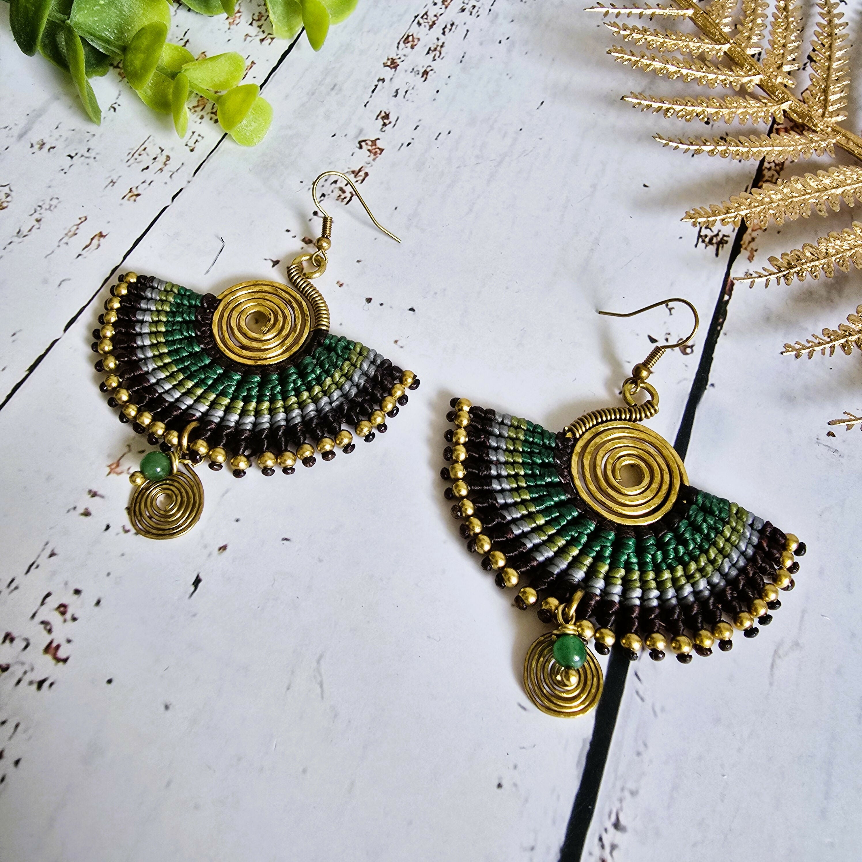 Green Jade Macramé Earrings; Boho Crystal Earrings with Gold Spiral Wire Art