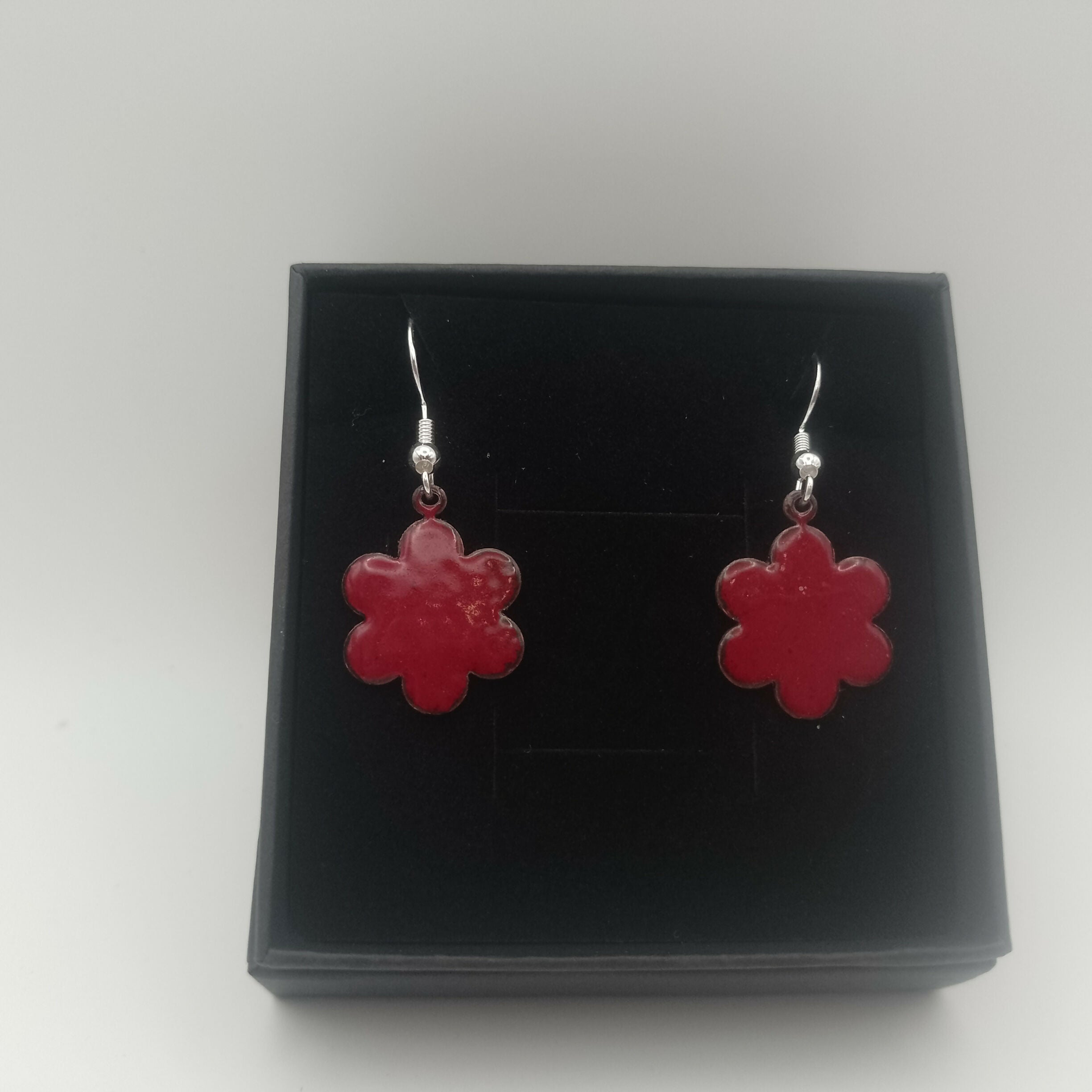 Dark Red Enamel Flower Earrings