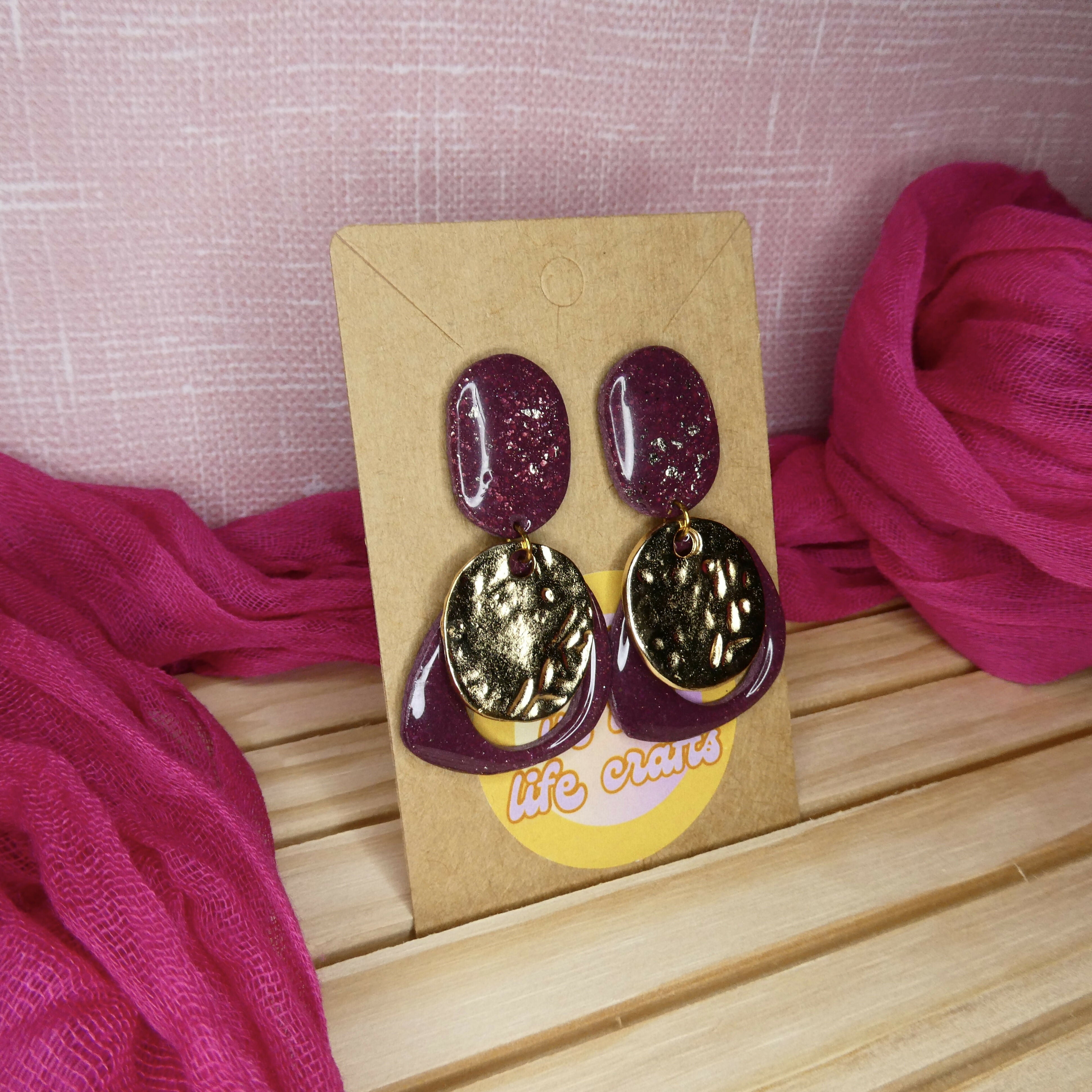 Maroon Polymer Clay Earrings With A Gold Disc