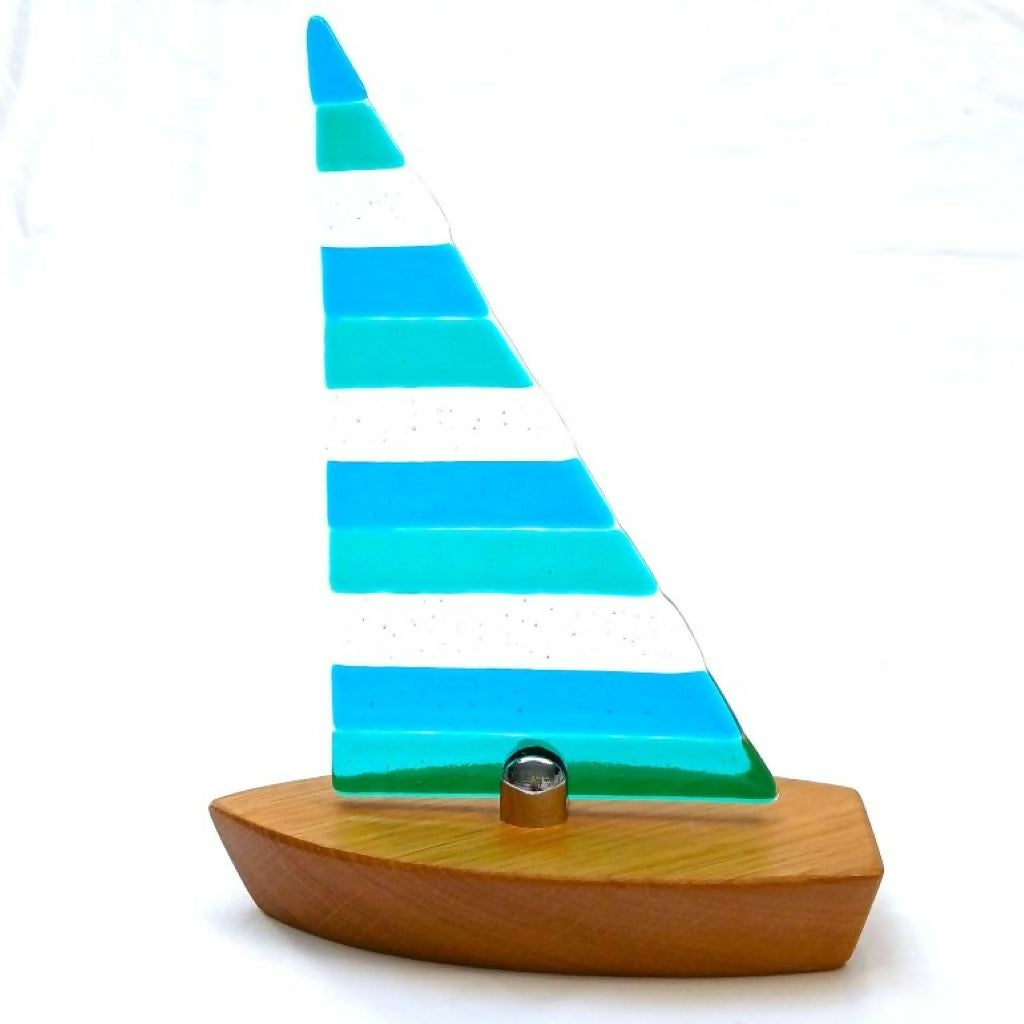 Emerald Green/Peacock Blue Fused Glass Sailing Boat On Solid Oak Base (Large)