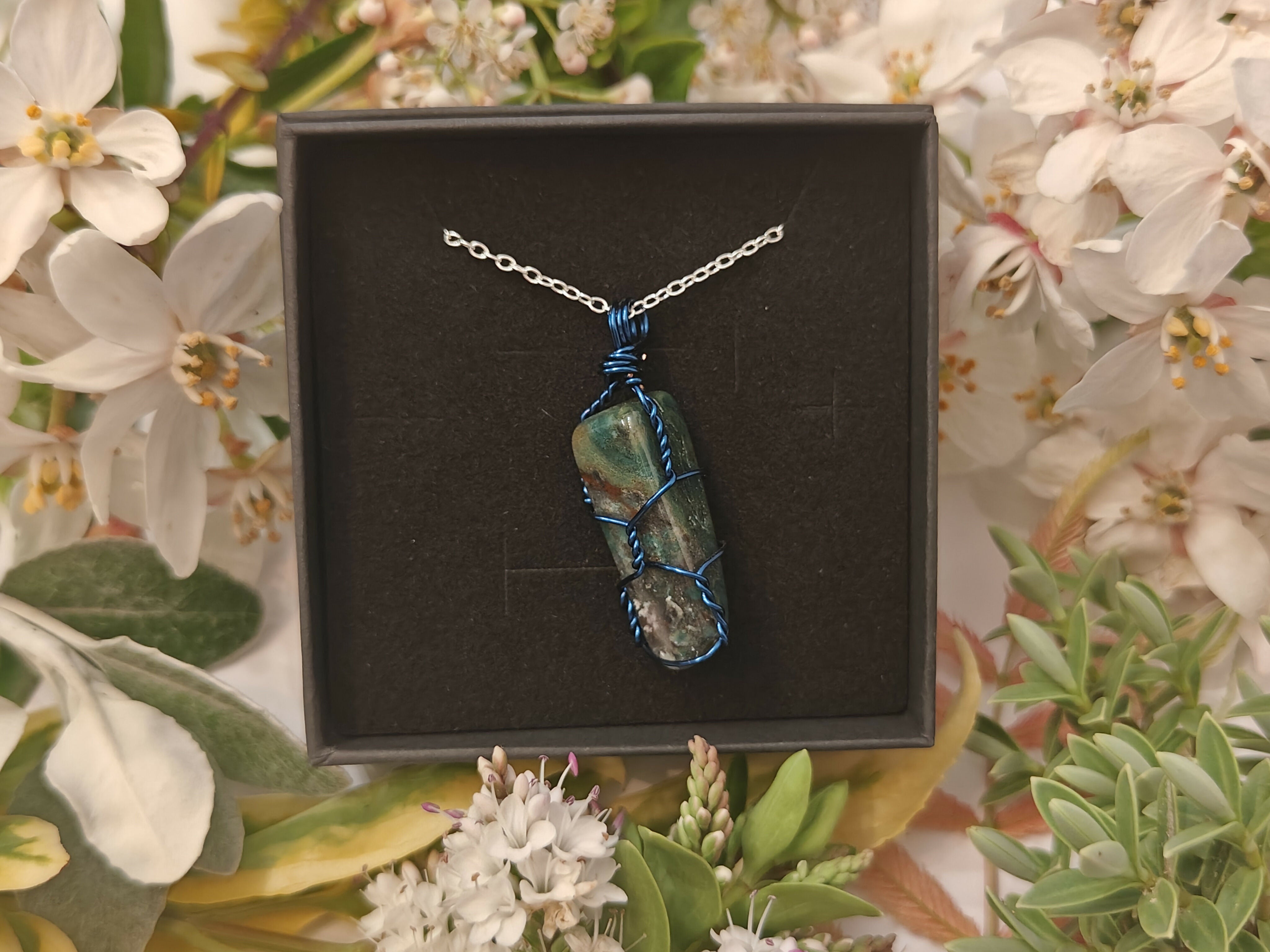 Jasper Wire Wrapped Crystal Necklace on Sterling Silver Chain