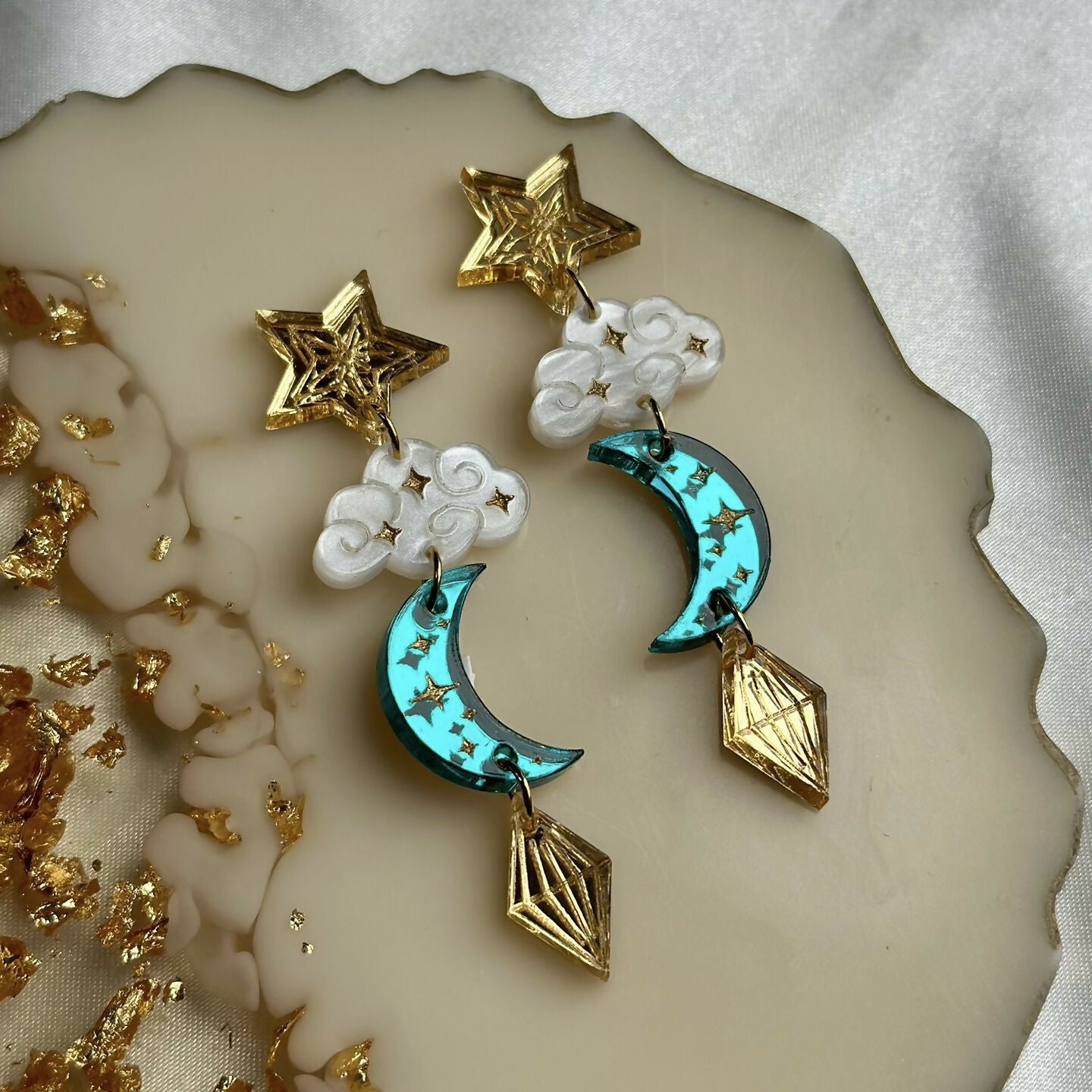 Moon, Cloud and Star Dangly Earrings