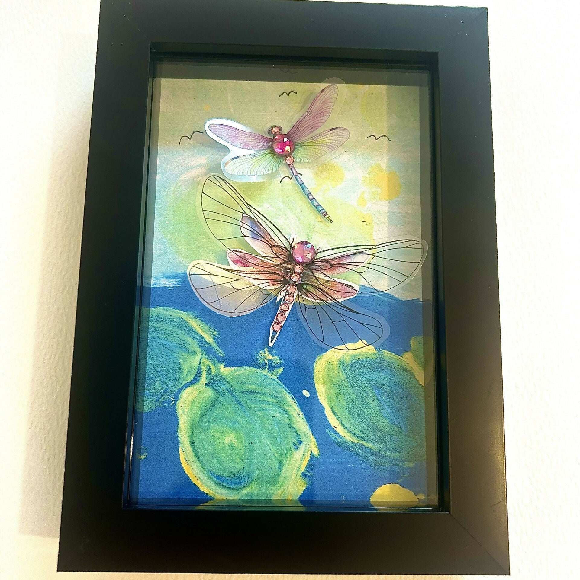 Blue and Pink Mixed Media Dragonfly Mini Frame