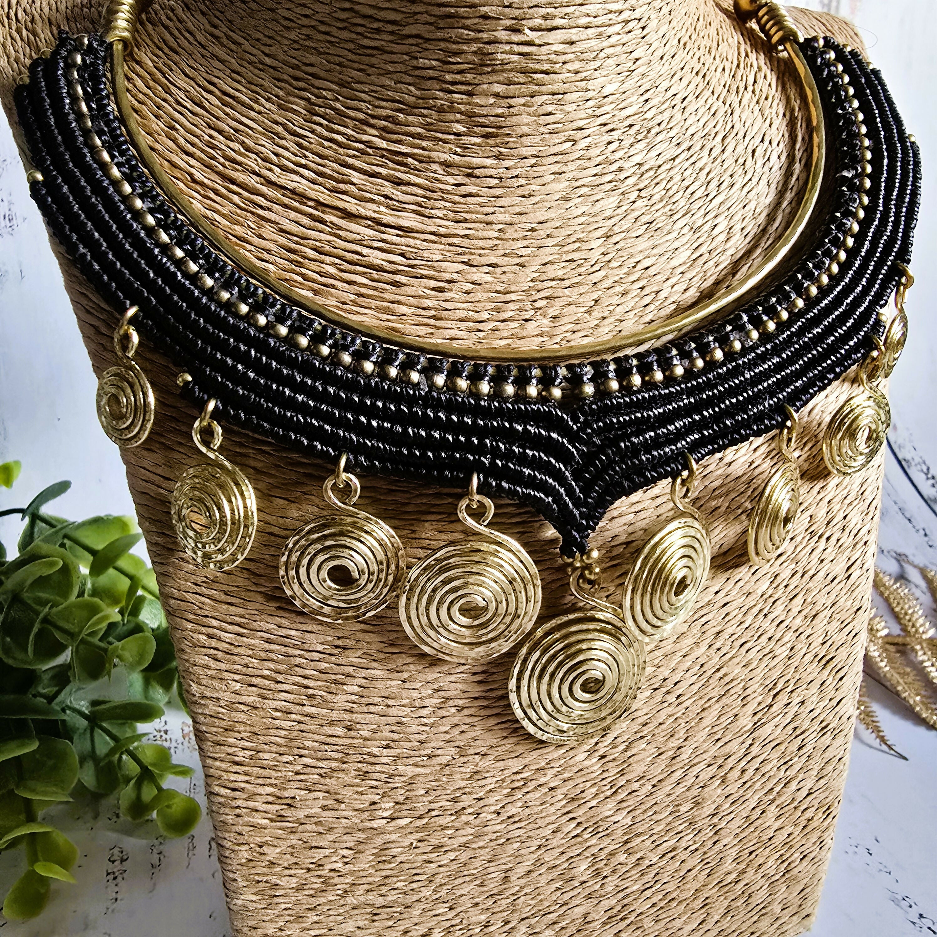 Black Macrame & Gold Brass Wire Spiral Choker; Egyptian Queen Tribal Statement Thai Jewellery