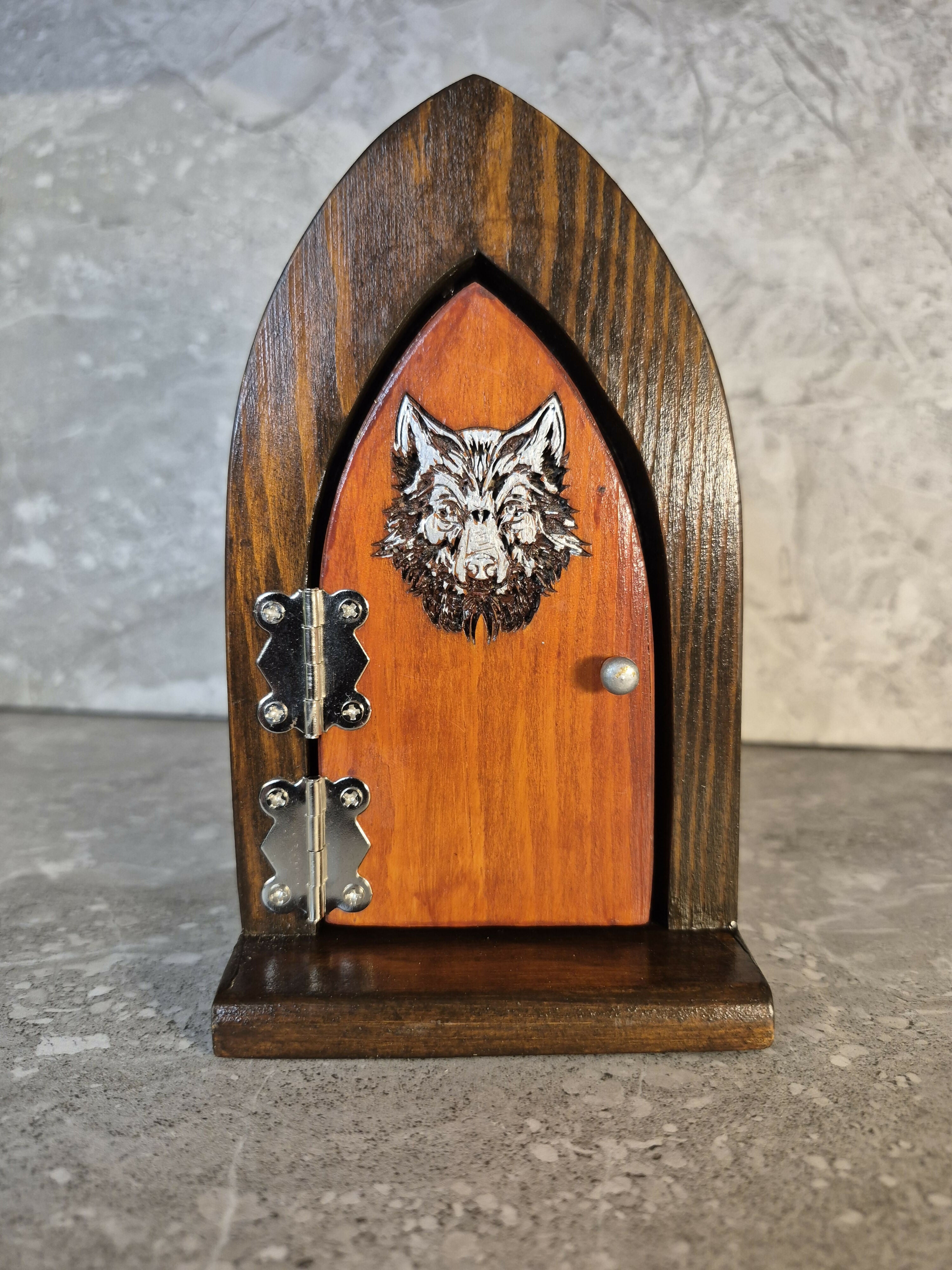 Handcrafted Opening Wooden Fairy Door Decorated with an Engraved Wolf's Face