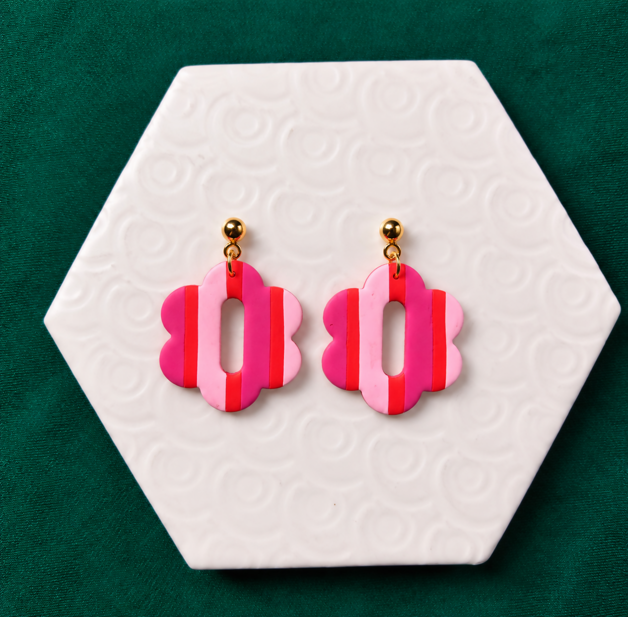Romy Pink & Red Striped Polymer Clay Flower Earrings