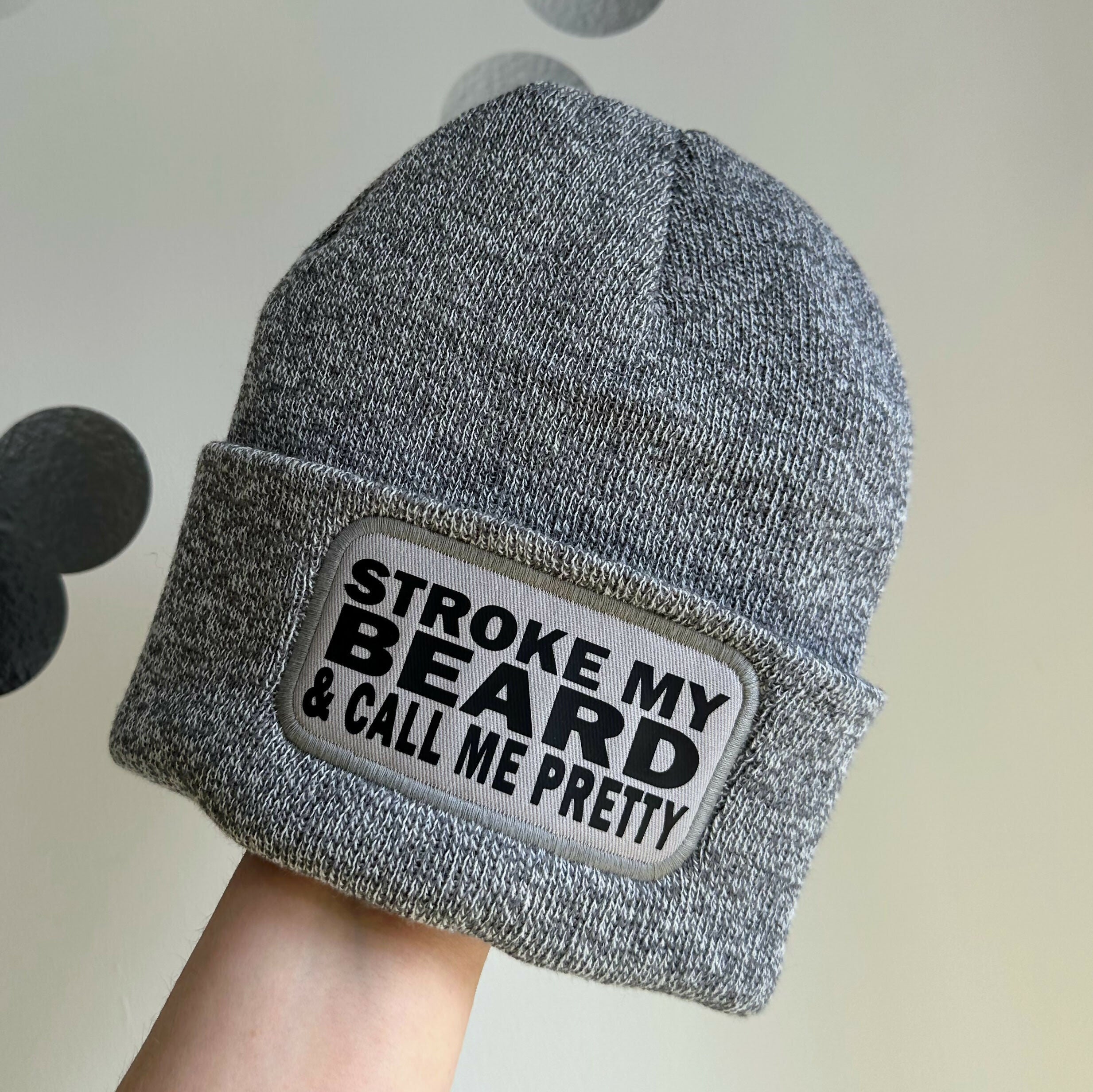 Stroke My Beard Cuffed Rectangular Patch Beanie Hat