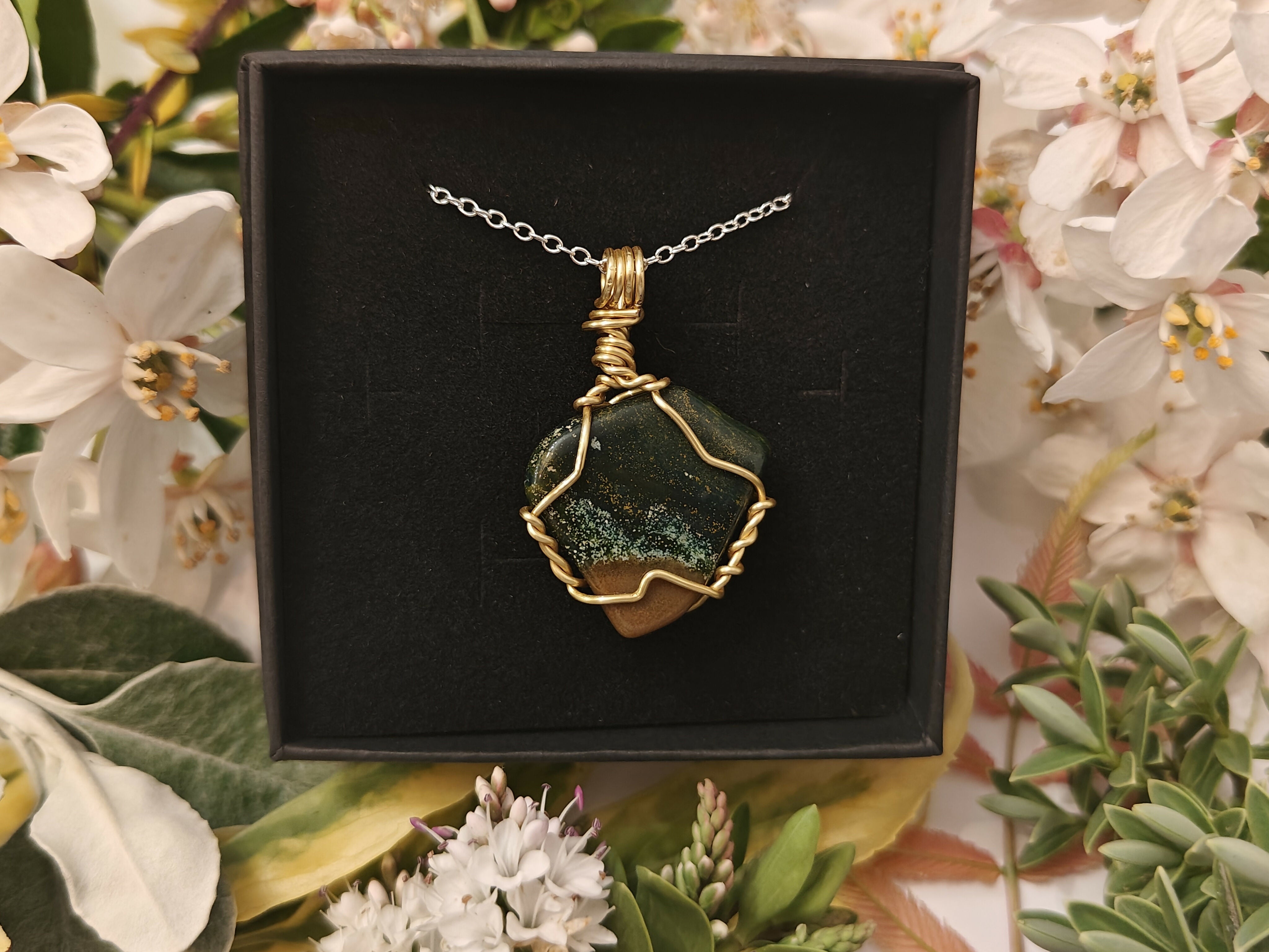 Jasper Wire Wrapped Crystal Necklace on Sterling Silver Chain