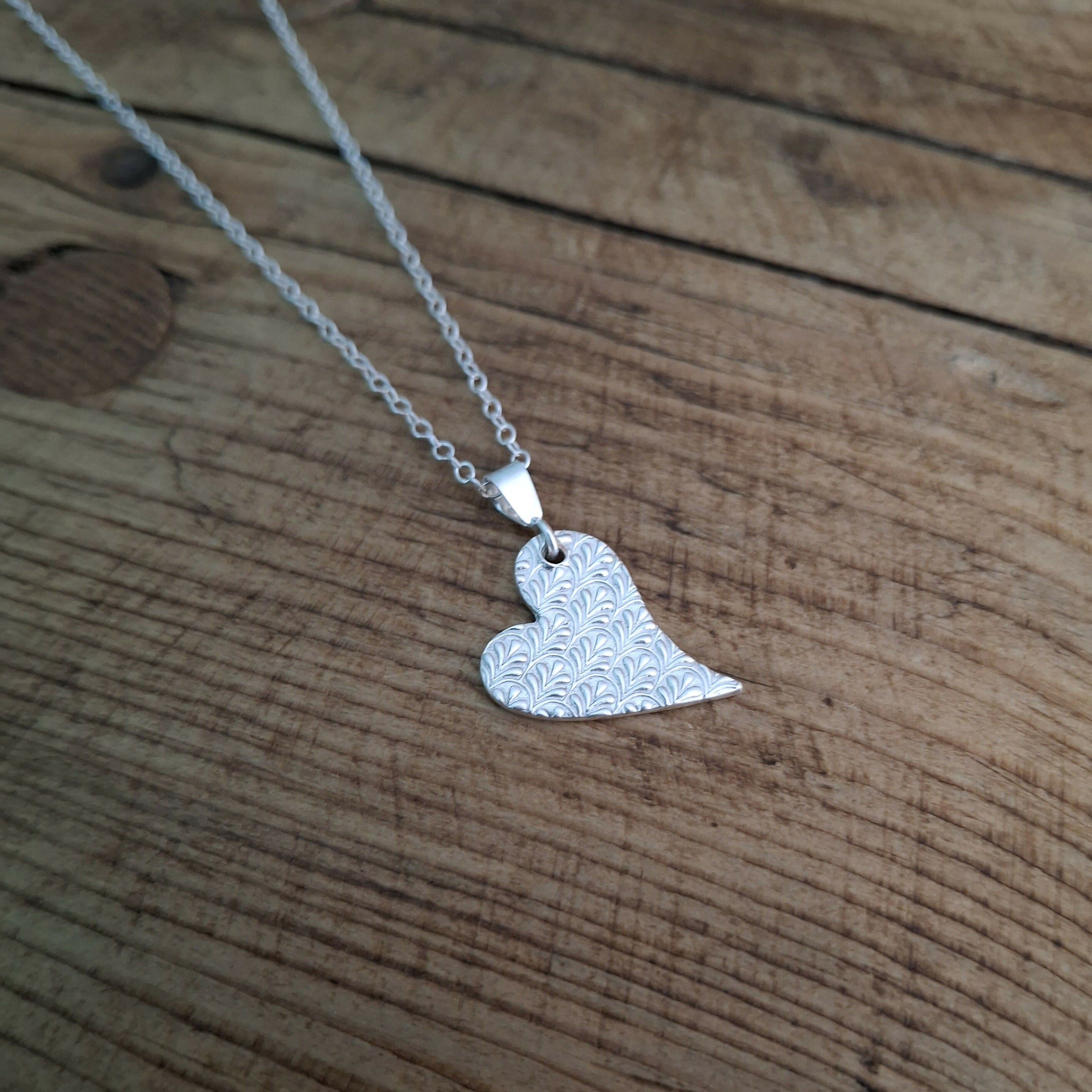Handmade Silver Heart Necklace Fancy Leaf Texture