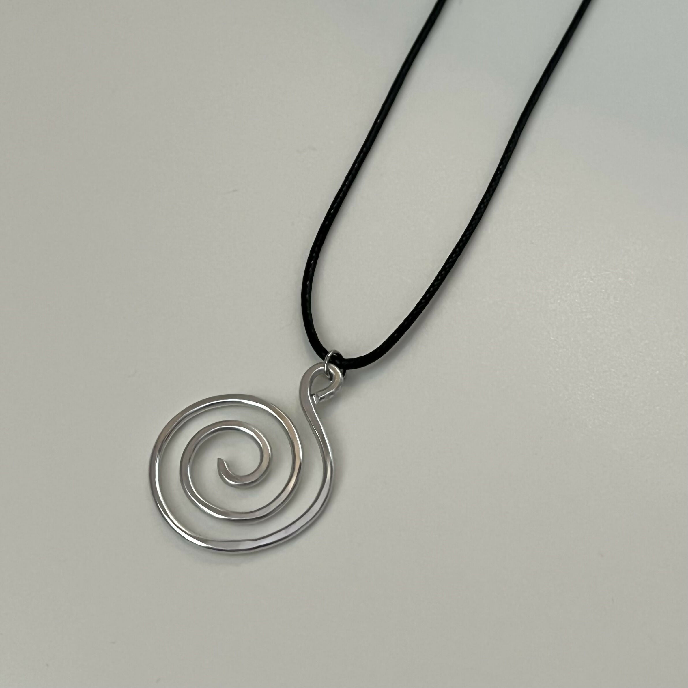 Silver Spiral Pendant Black Cord Necklace