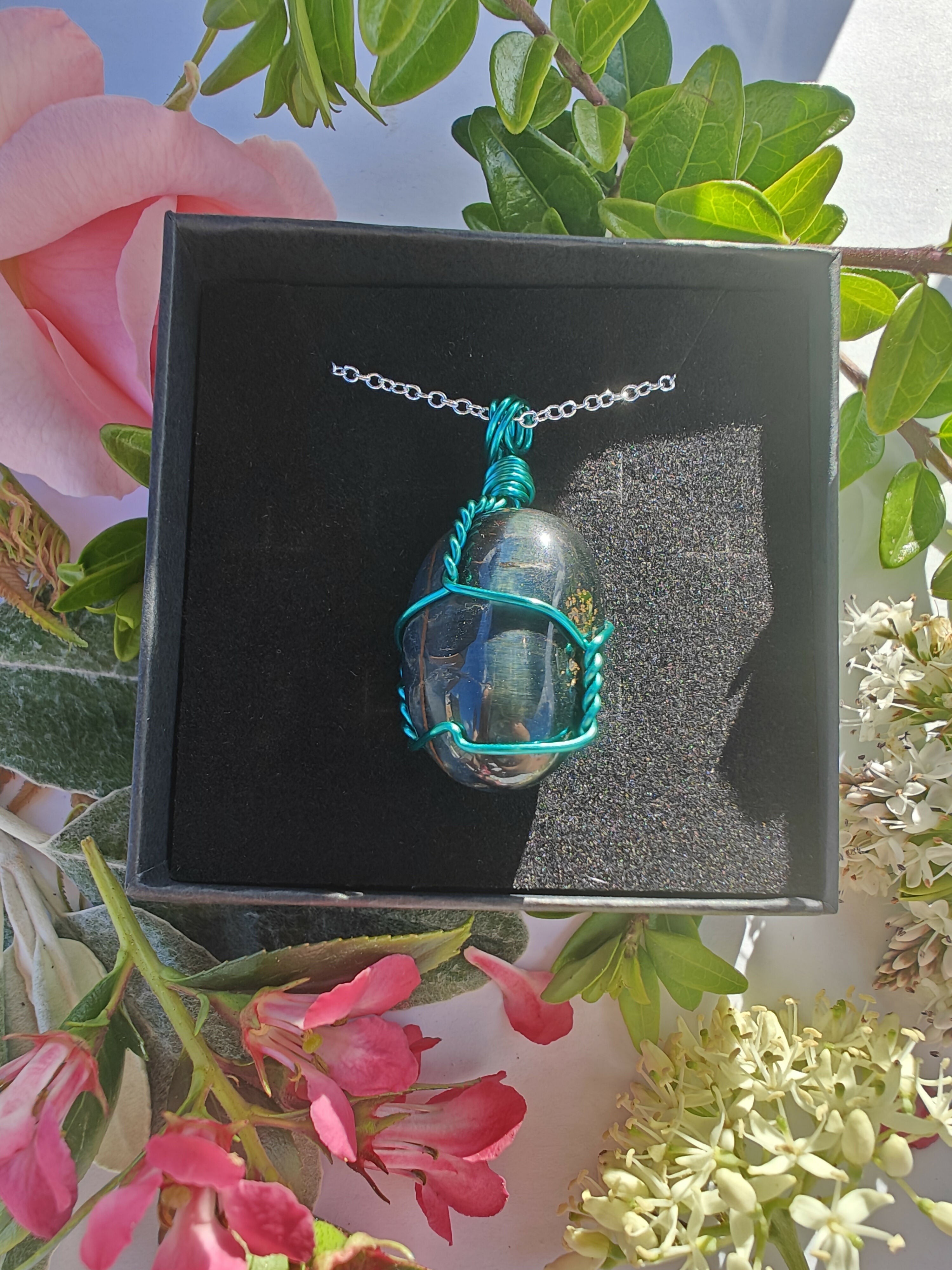 Blue Tiger's Eye Wire Wrapped Crystal Necklace on Sterling Silver Chain