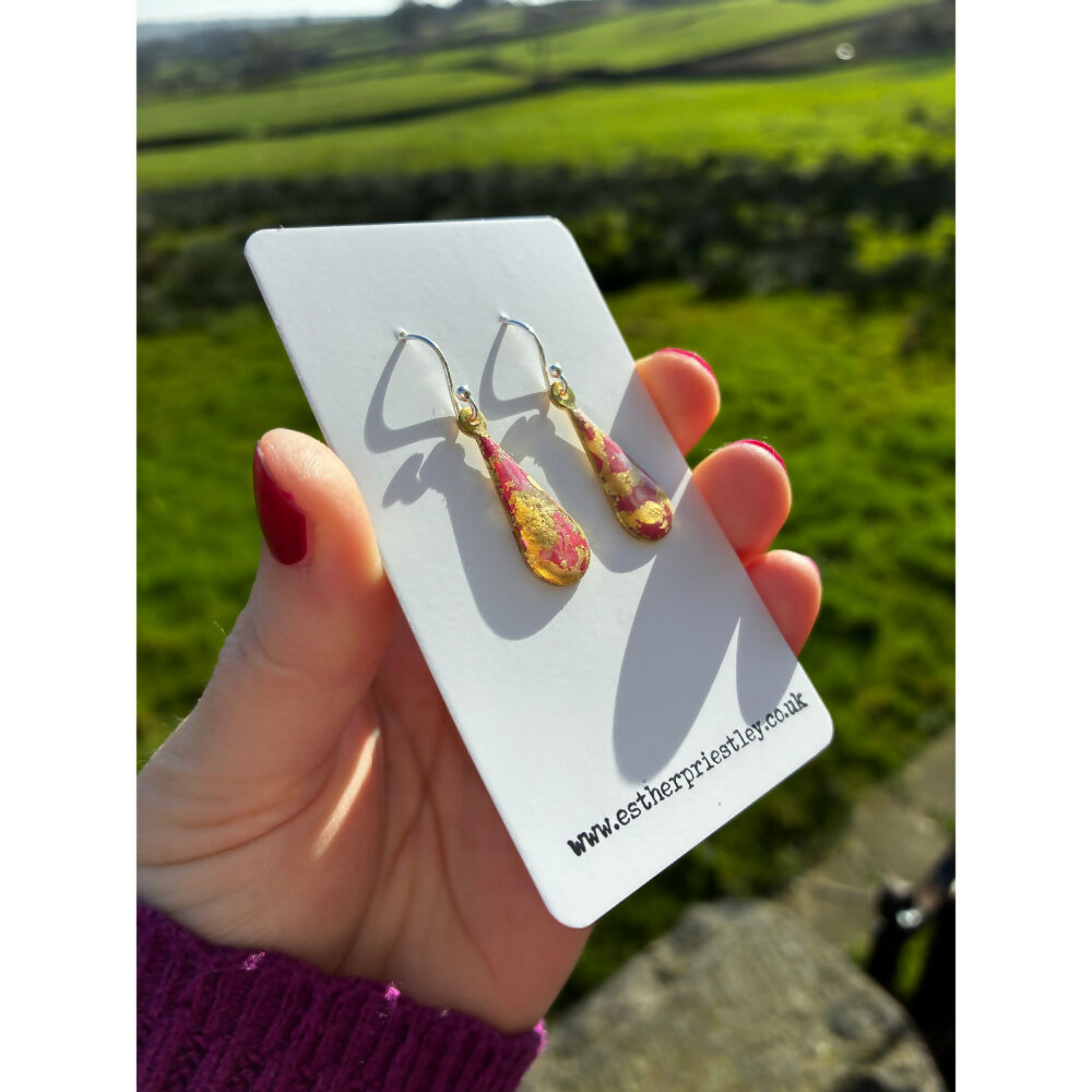 Silver Dangle Earrings: Handmade Marbled Effect Jewellery with Gold Leaf