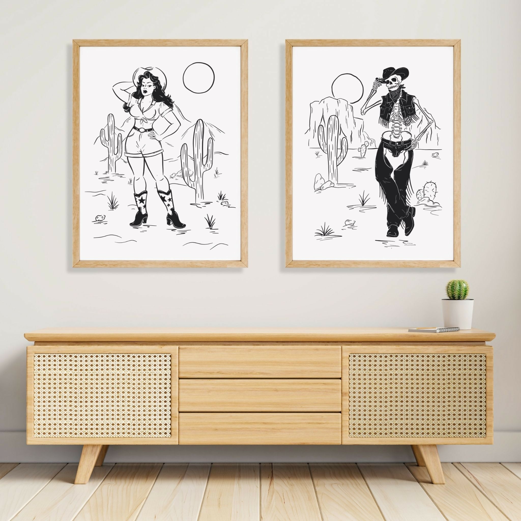 Pin-up Cowgirl - Illustrated Black and White Print