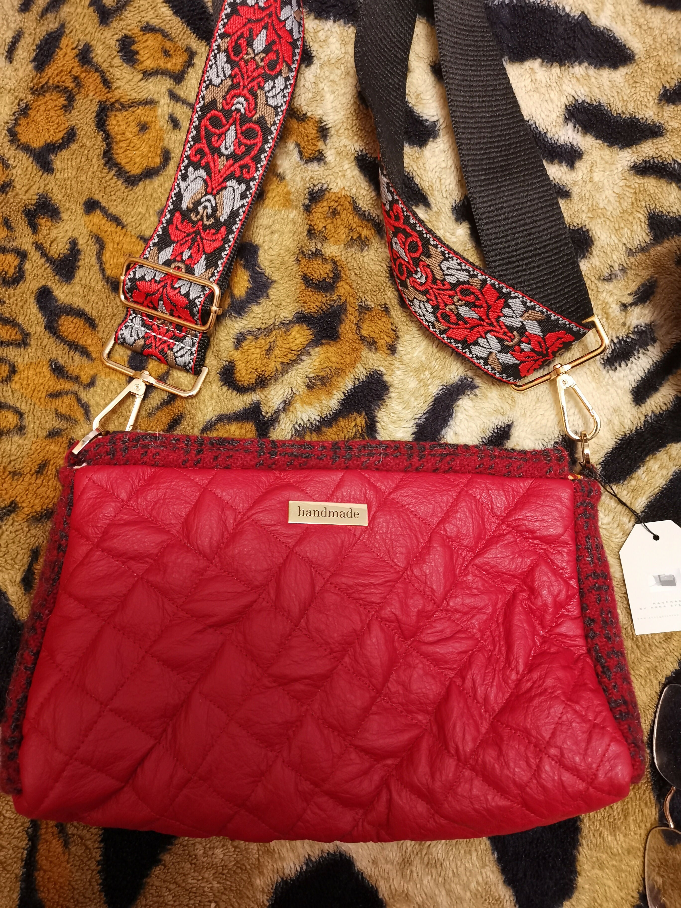 Handmade Red Leather /Harris Tweed Bag