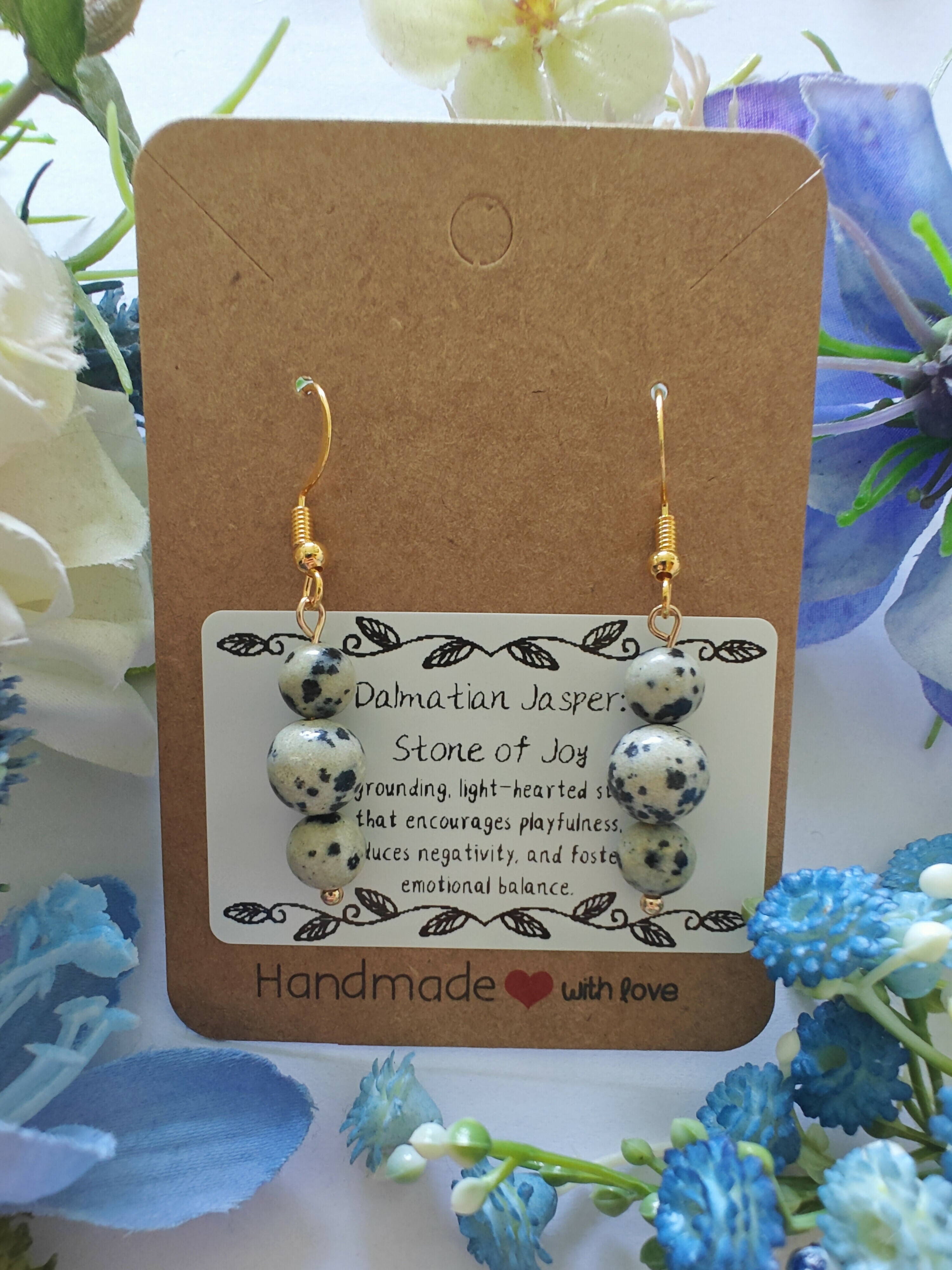 Dalmatian Jasper Earrings on Gold Coloured Sterling Silver Plated Hooks