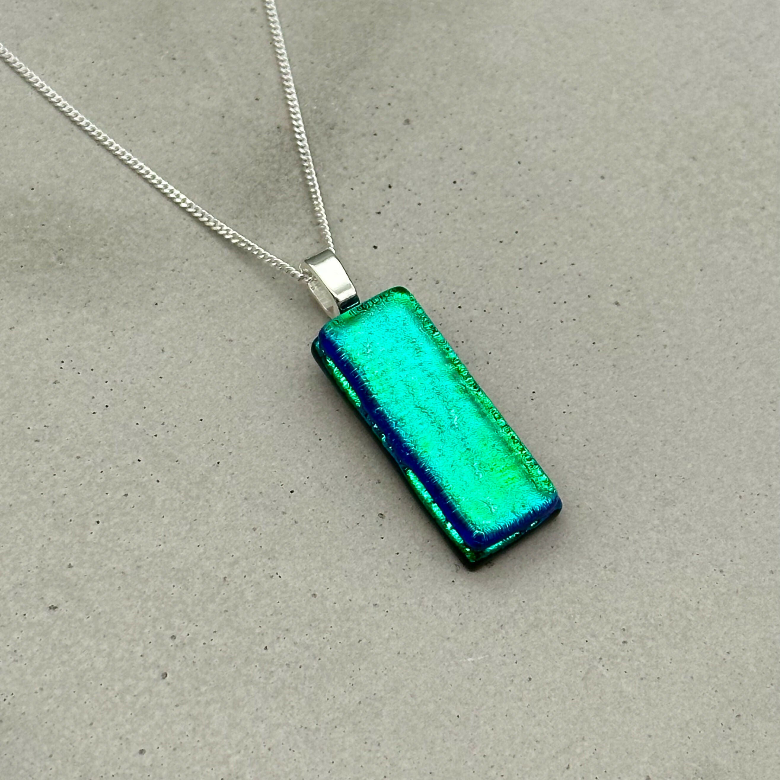Emerald Green Dichroic Fused Glass Pendant with Silver Plated Chain - Handmade by Jade Tapson Glass.