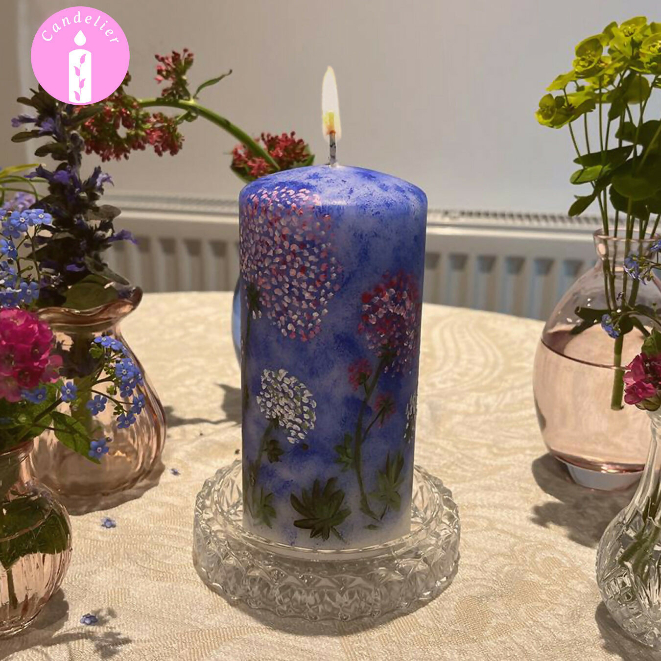 Blue Candle with Floral Design