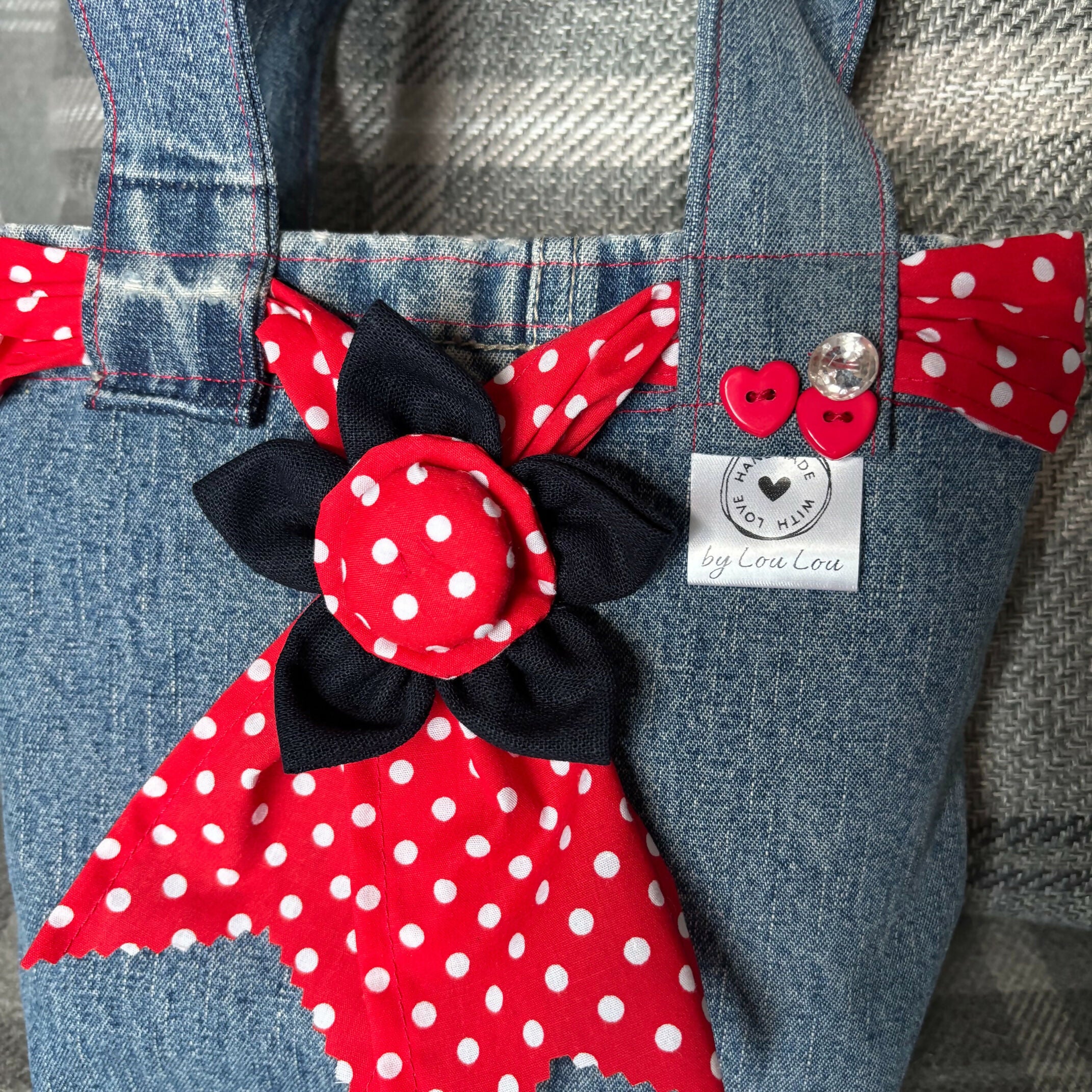 Unique Handcrafted Cute Denim Tote Bag Handbag Made From Upcycled Jeans With Flower Decoration