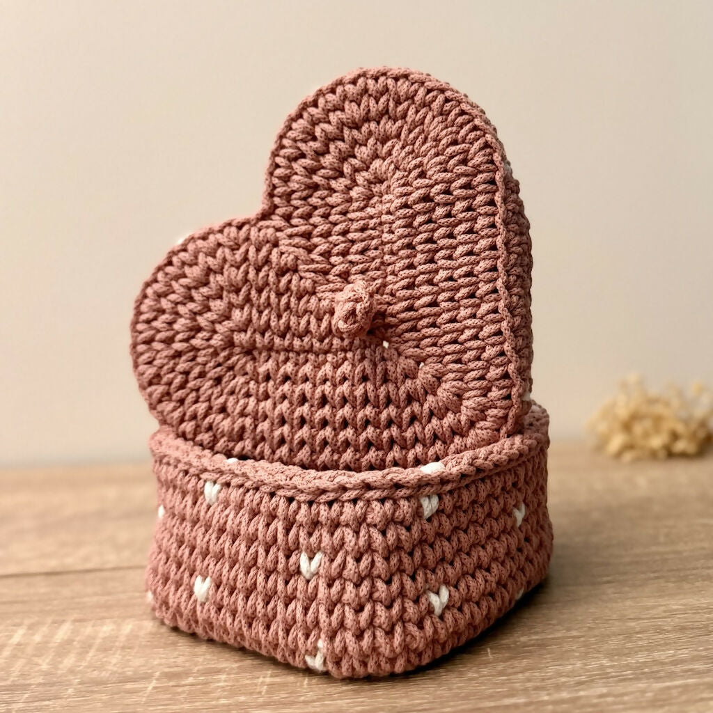 Crochet Heart Shaped Basket with Lid