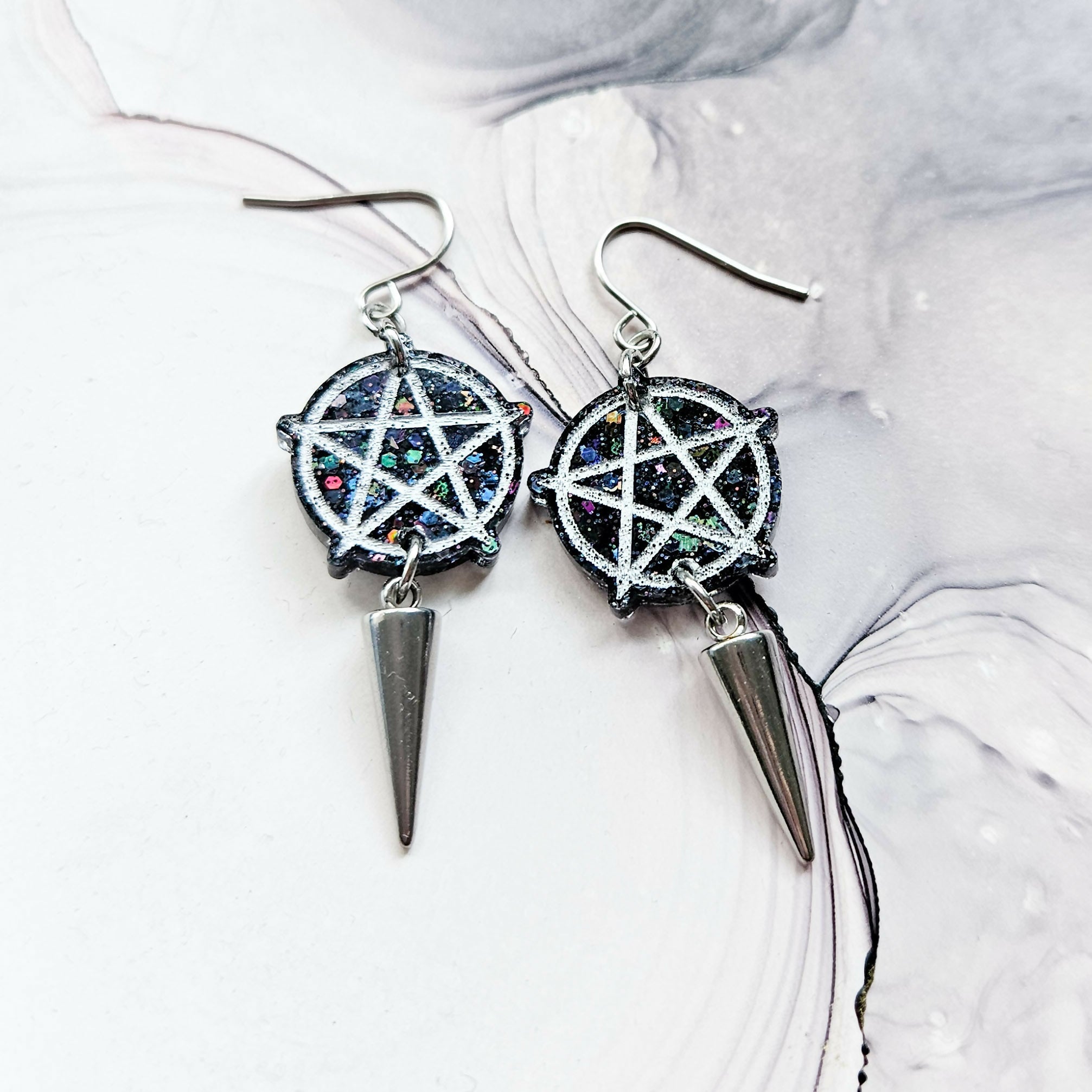Handmade Black Glitter Pentacle Resin Earrings