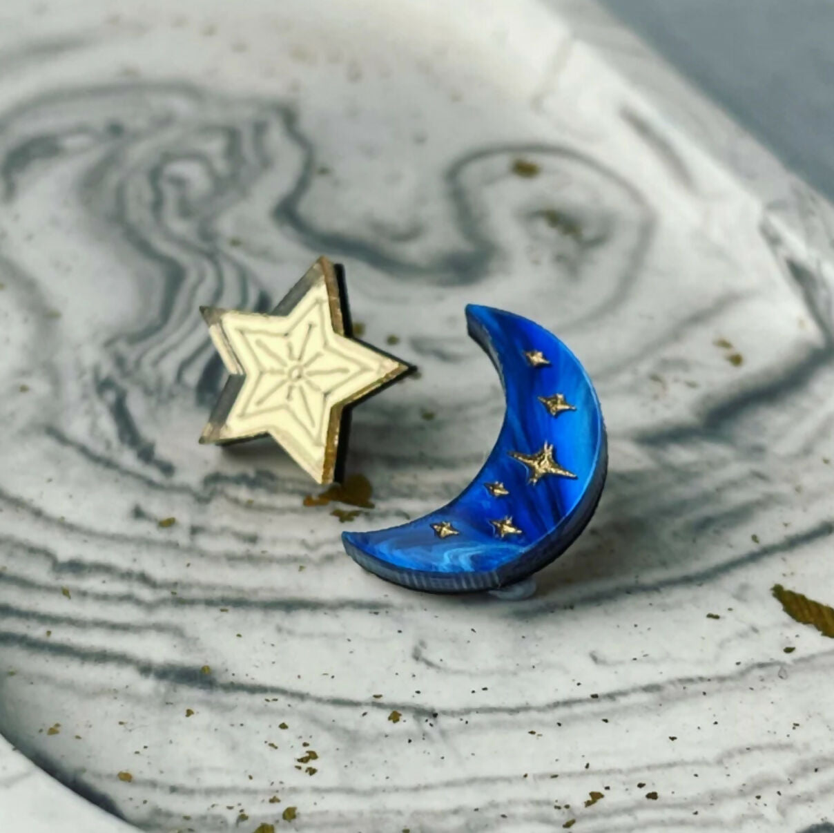 Celestial, Engraved Moon And Star Stud Earrings