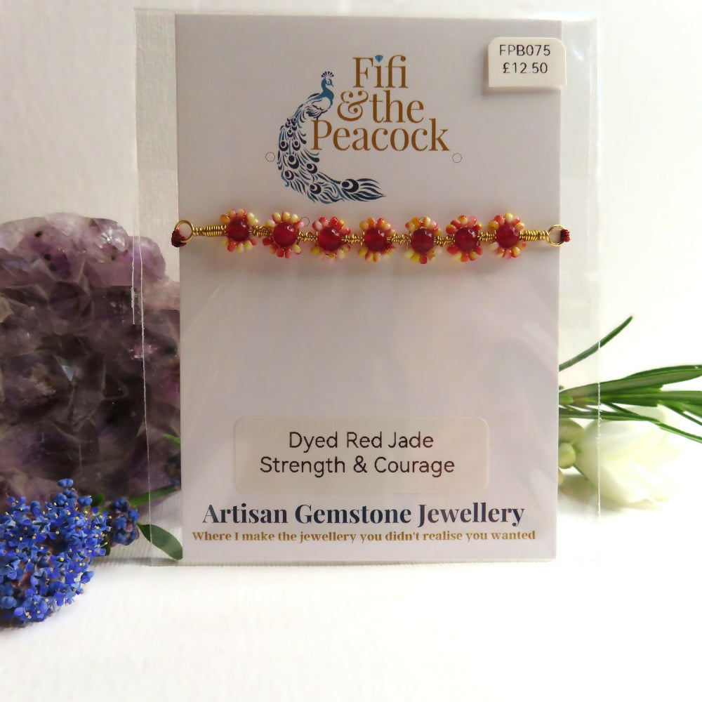 Dainty Bouquet Wire & Macrame Bracelet, Dyed Red Jade & Funky Apple Seed Beads, Gold Plated Wire, Red Cord