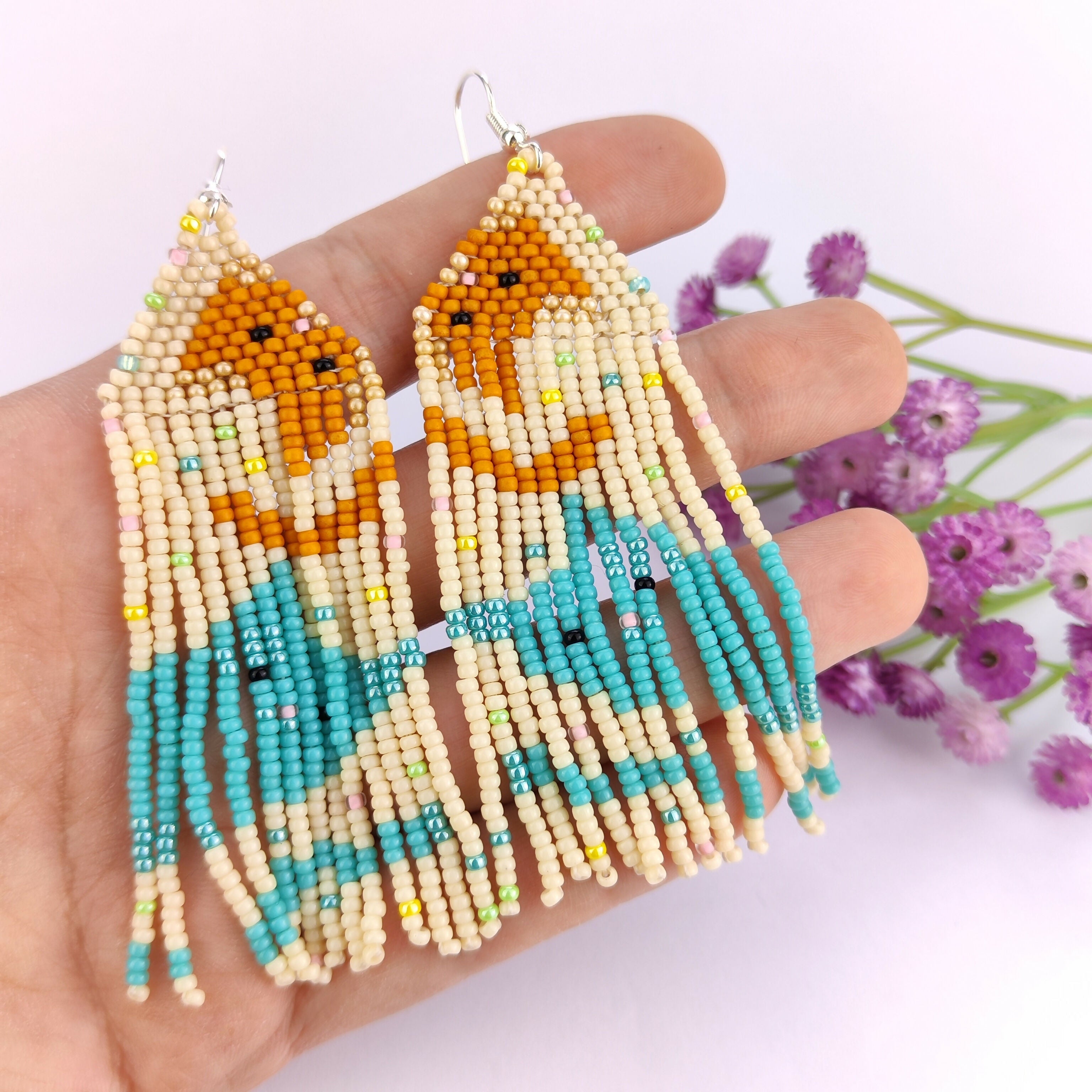 Handwoven Beaded Dangle Earrings - Kittens