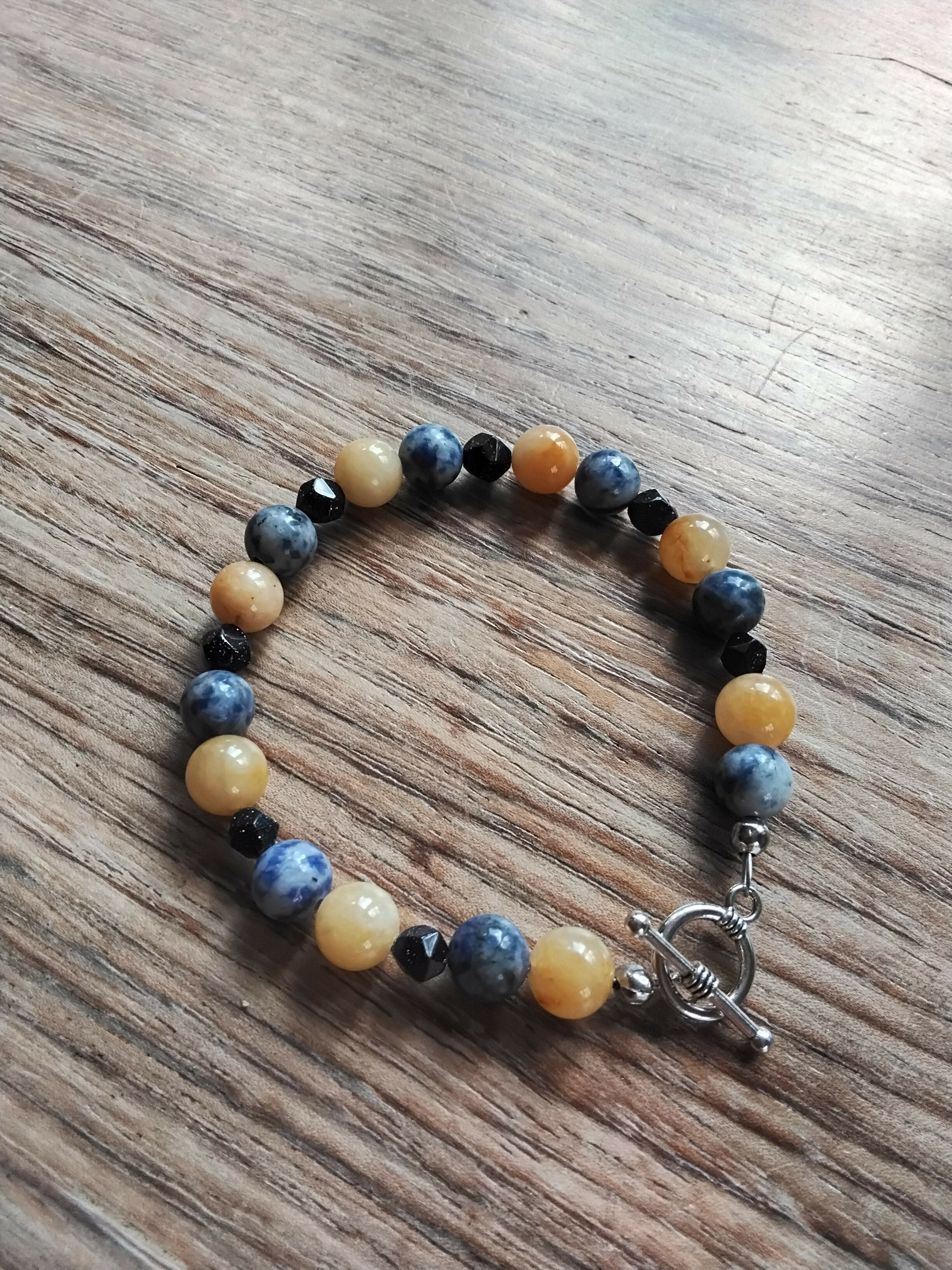 Tibetan Silver Toggle Catch Bracelet with Blue Spot Jasper, Yellow Jade & Faceted Navy Goldstone.