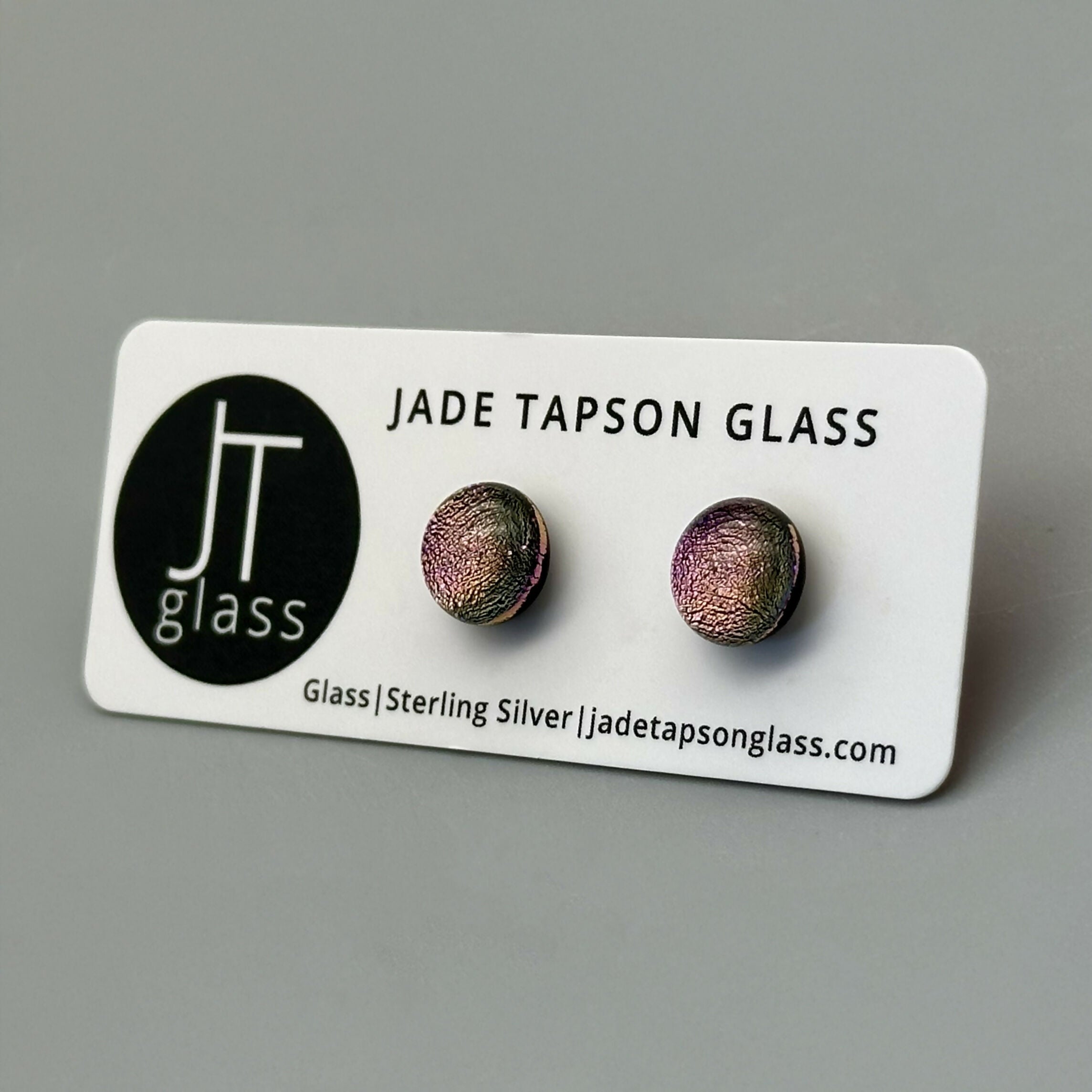 Magenta Dichroic Fused Glass Sterling Silver Stud Earrings - Handmade by Jade Tapson Glass.