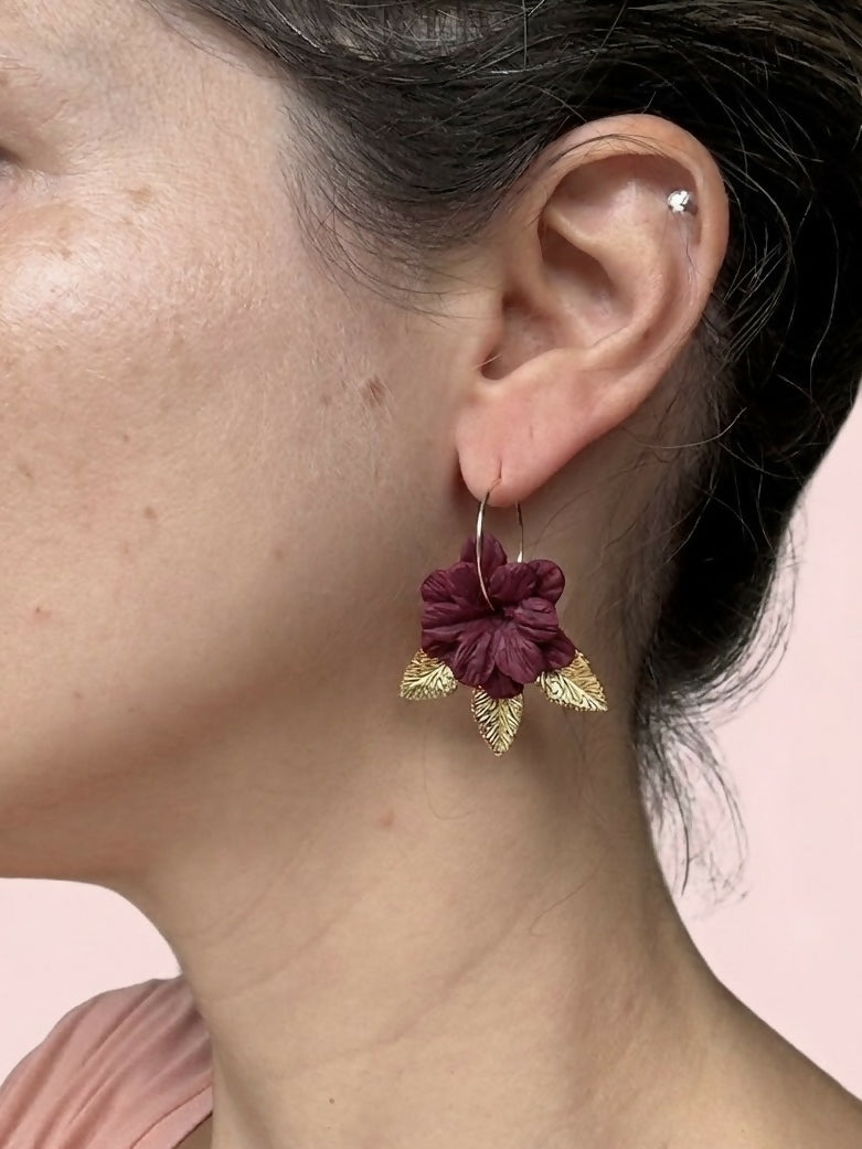 Burgundy Flower Hoop Earrings with Gold Leaf Detail