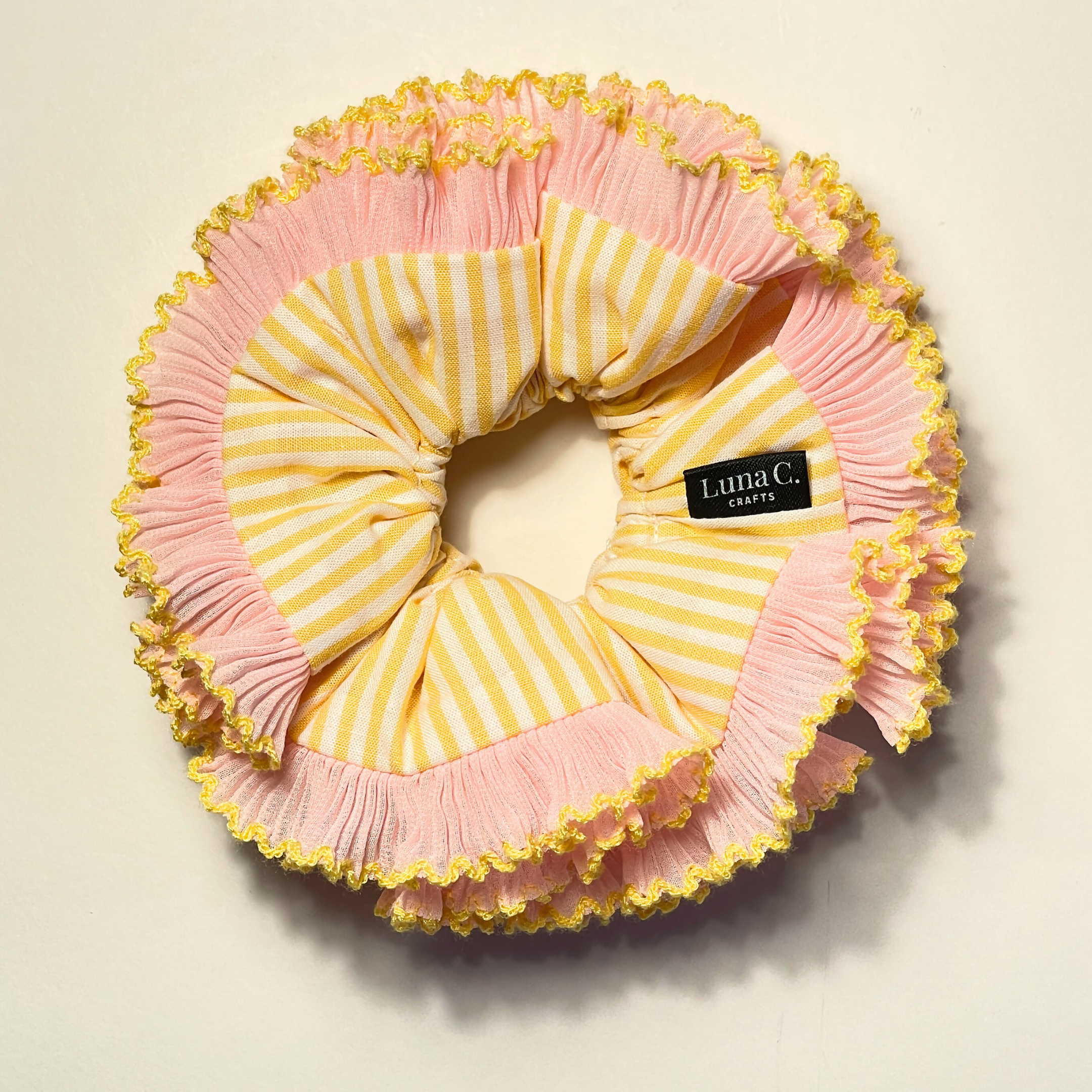 Yellow and White Stripes with Pink Ruffles Double Layer Scrunchie
