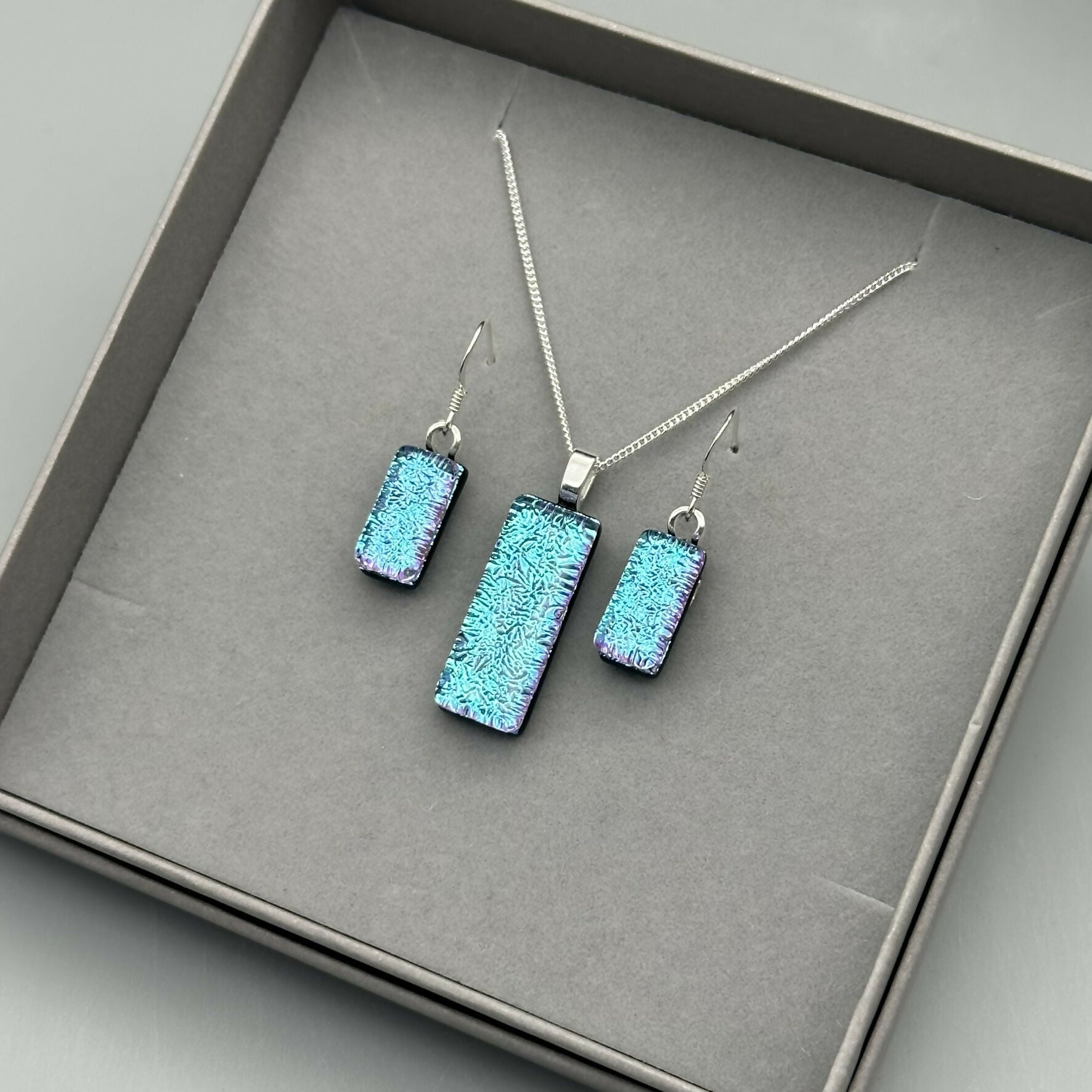 Ice Blue & Purple Dichroic Glass Necklace and Earrings Set - Sterling Silver, Handmade by Jade Tapson Glass