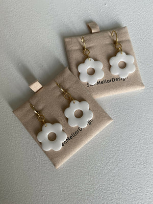 White Flower Polymer Clay Huggie Hoop Earrings