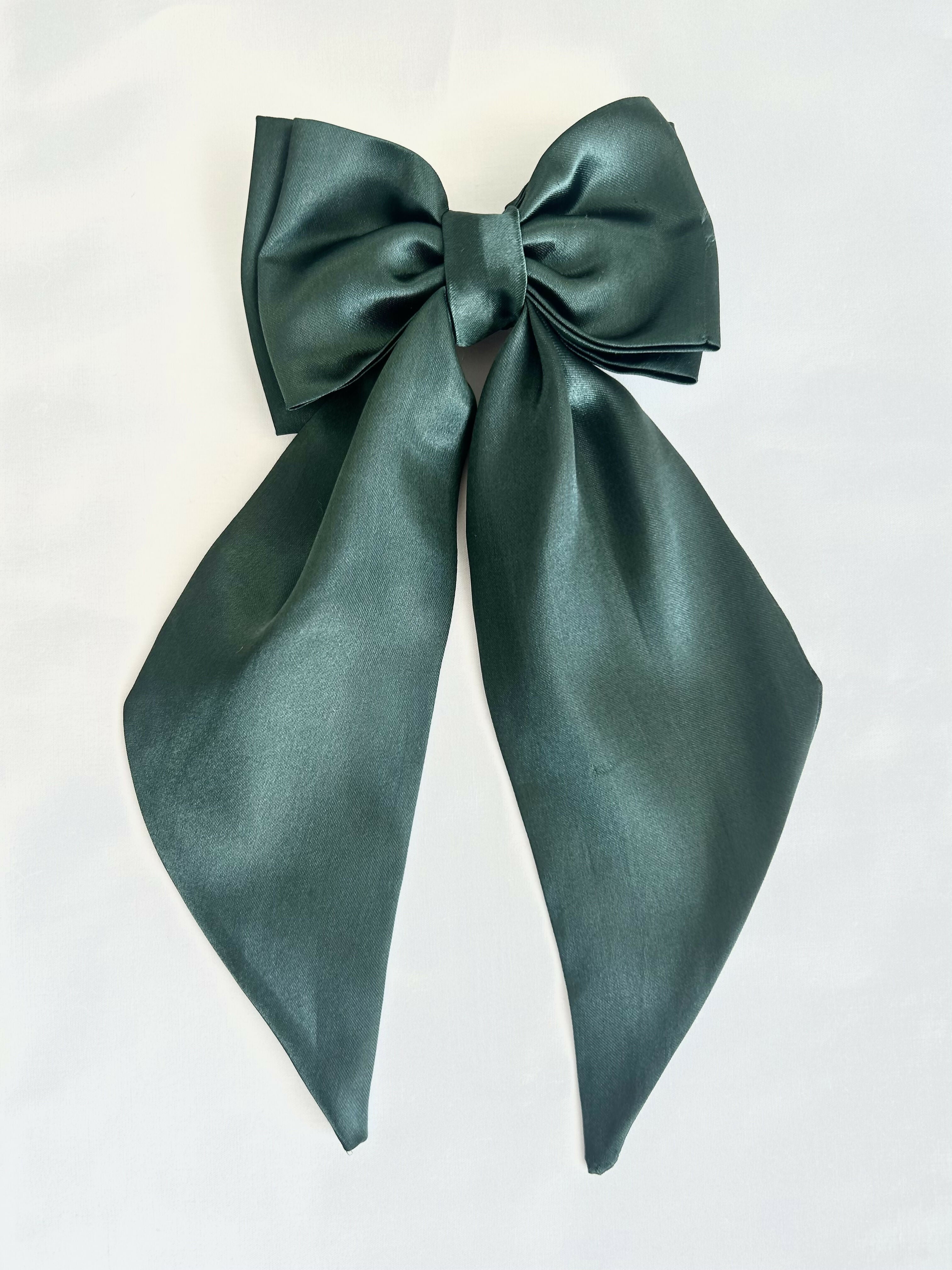Dark Green Satin Hair Bow with Barrette Clip