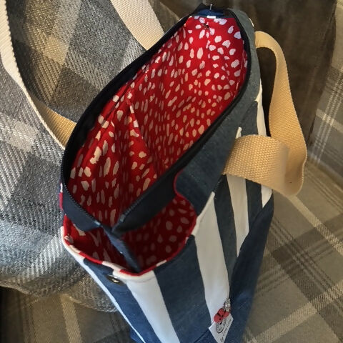 Unique Handcrafted Striped Denim Tote Bag Handbag Made From Upcycled Jeans