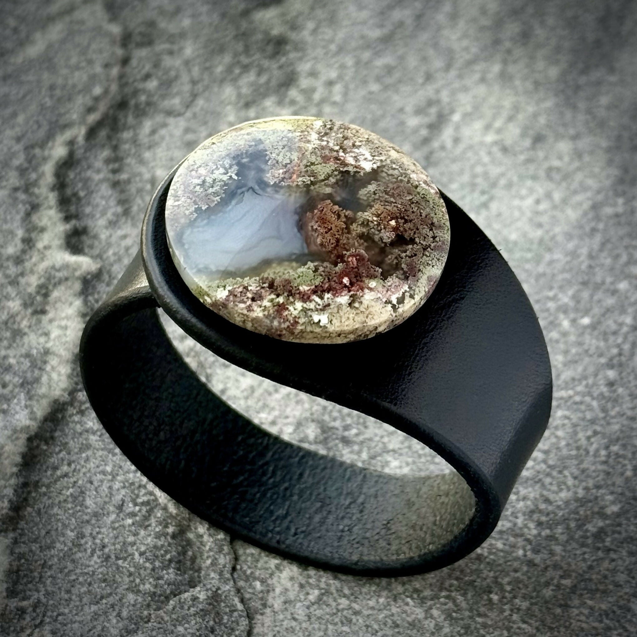 Handcrafted Natural Leather & Scenic Moss Agate Gemstone Bracelet - Size S or M