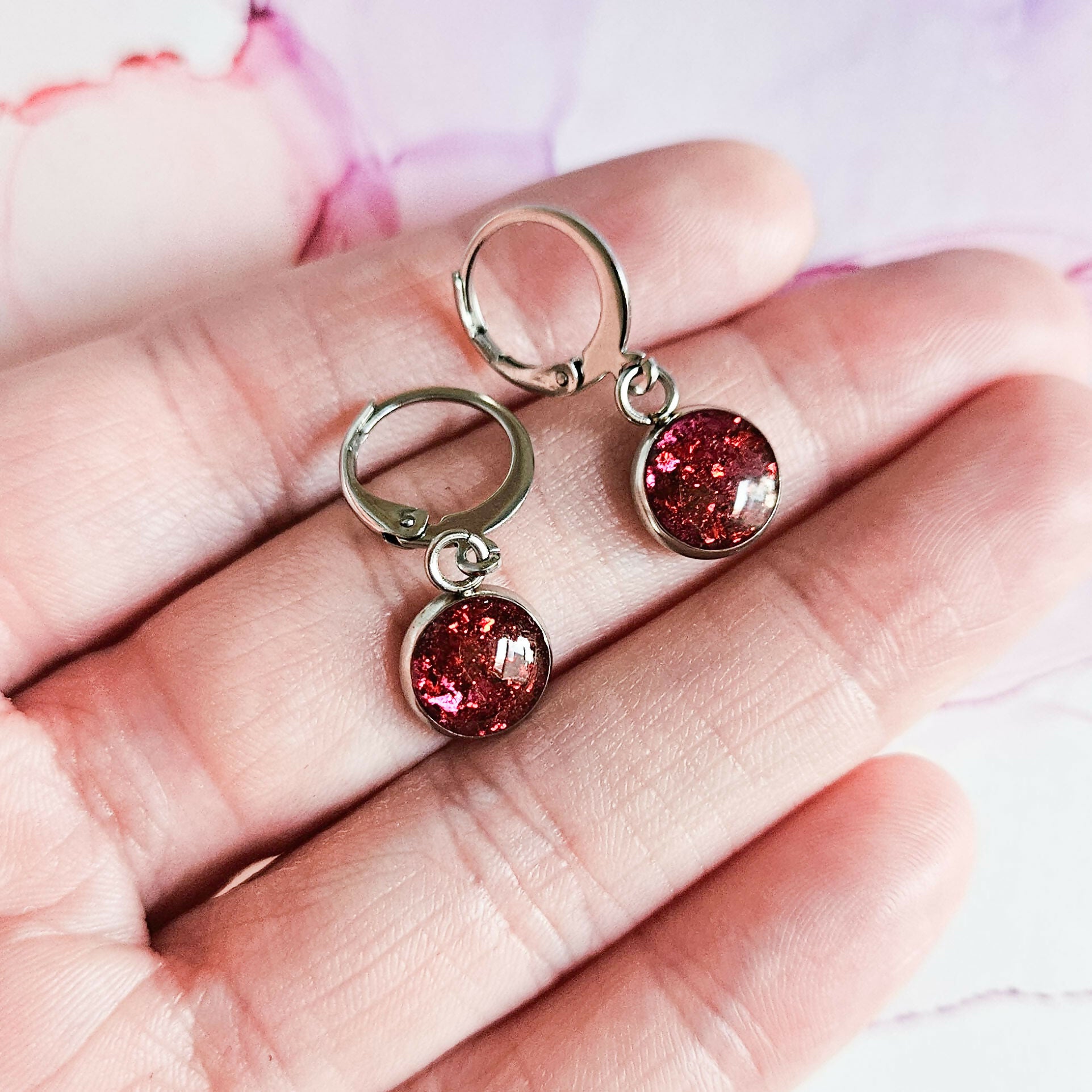 Handmade Pink And Red Leaf Resin And Stainless Steel Huggie Hoops Silver Or Gold