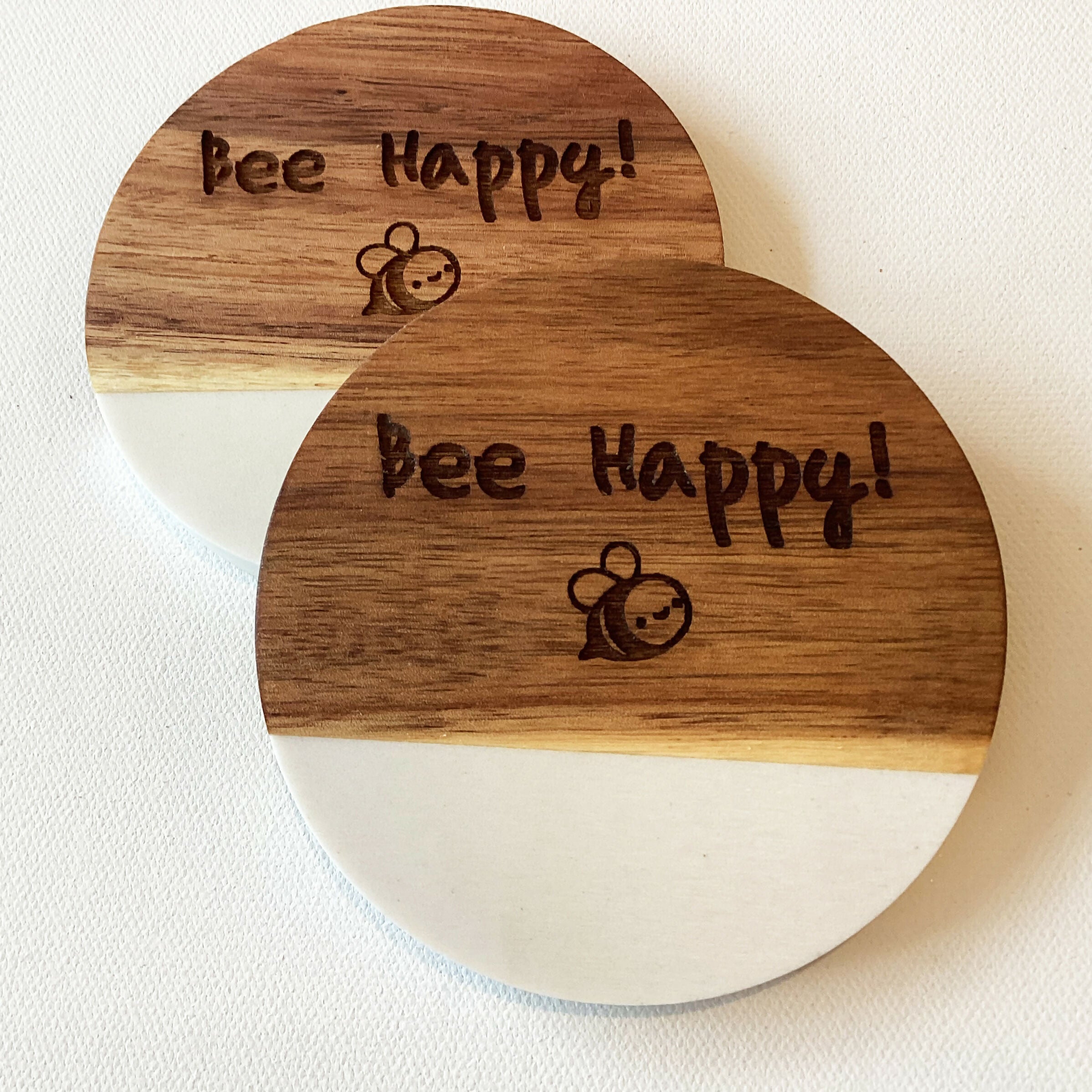 Engraved Marble & Acacia Coaster - Bee Happy