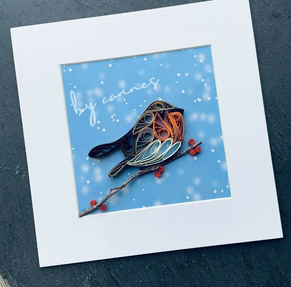 Handmade Paper Quilling Robin Bird with White Framed