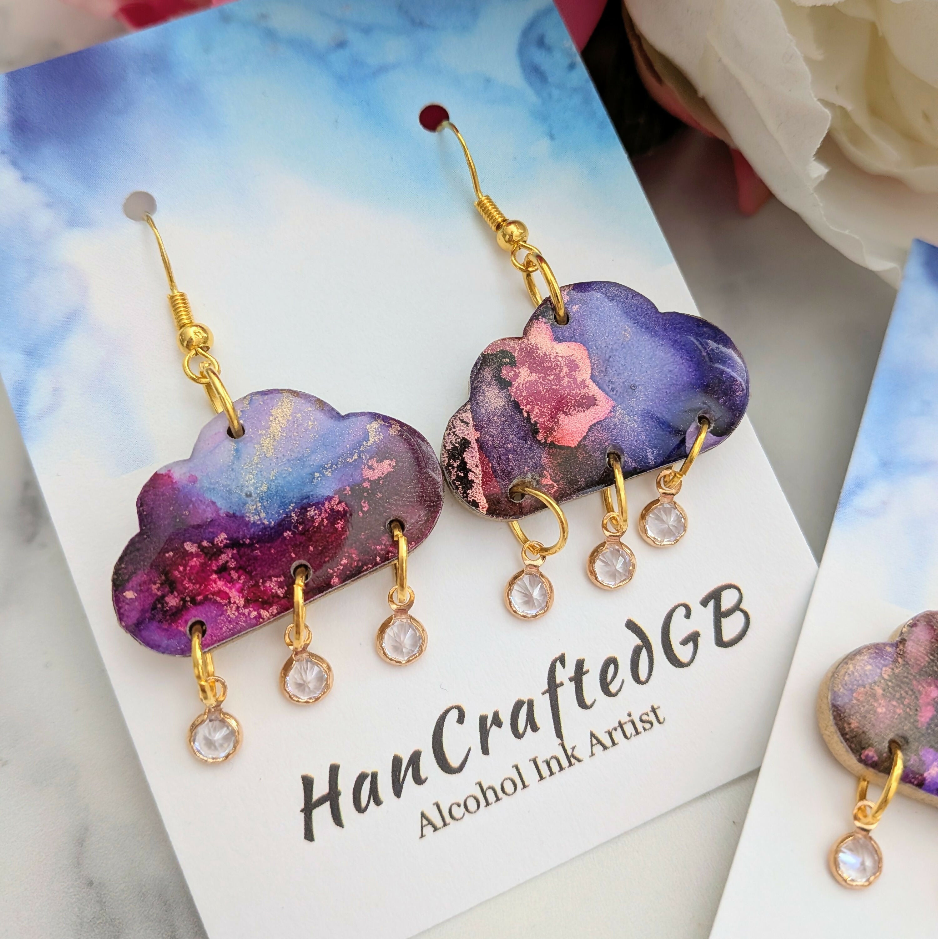Stormy Rain Cloud Dangle Earrings, Alcohol Ink Art
