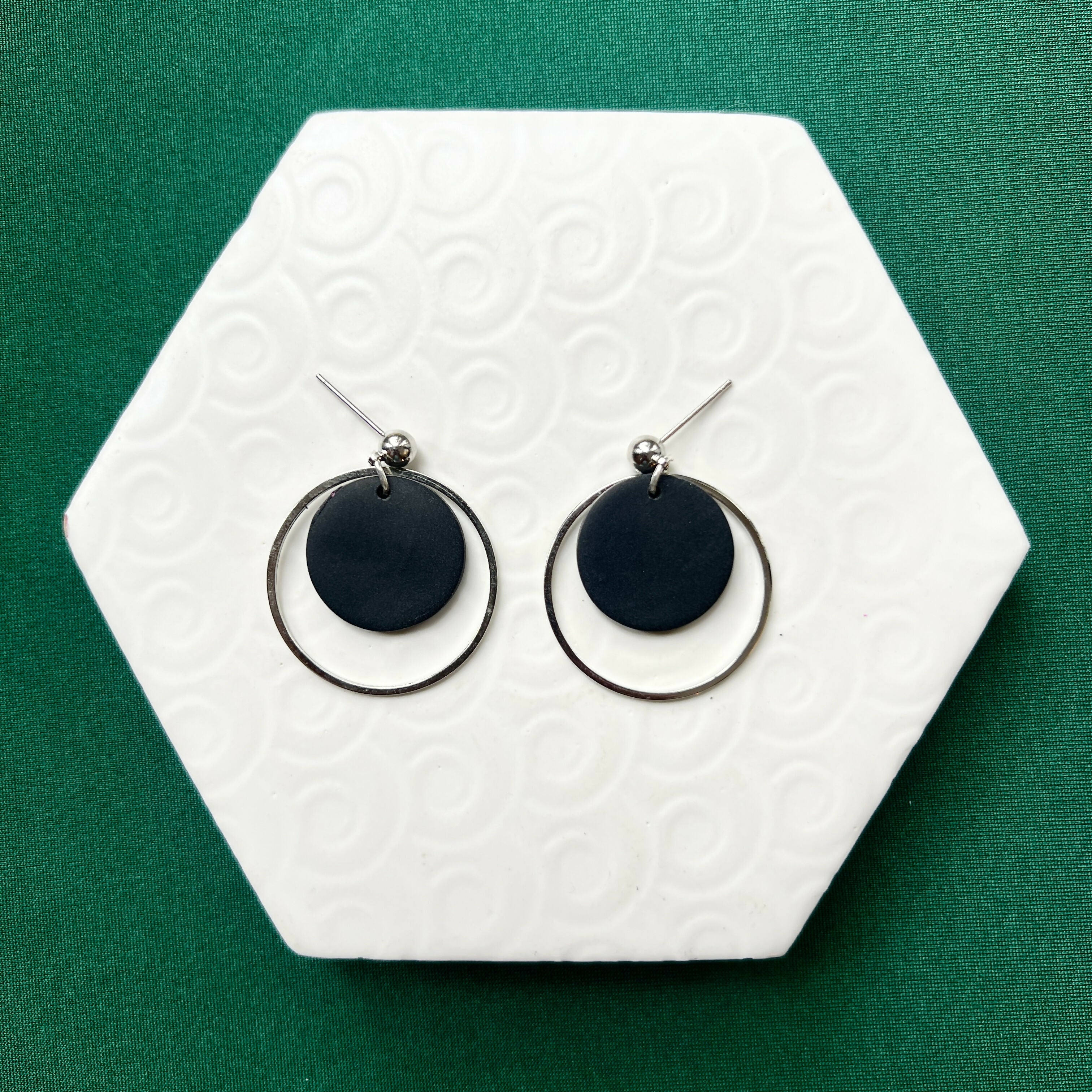 Jessie Black Polymer Clay & Silver Hoop Earrings