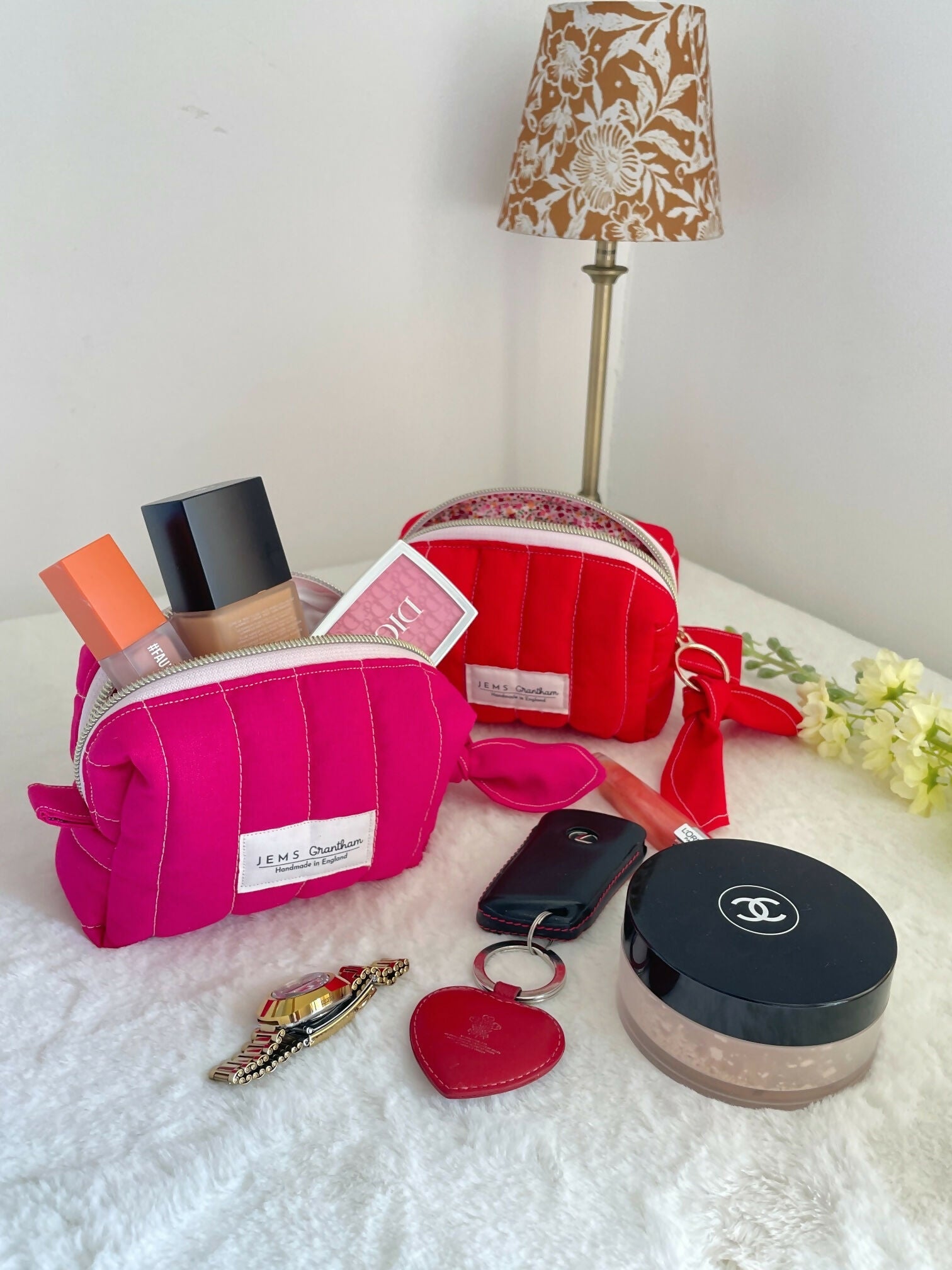 Small Quilted Toiletry Bag with Zipper in Red or Pink Colour