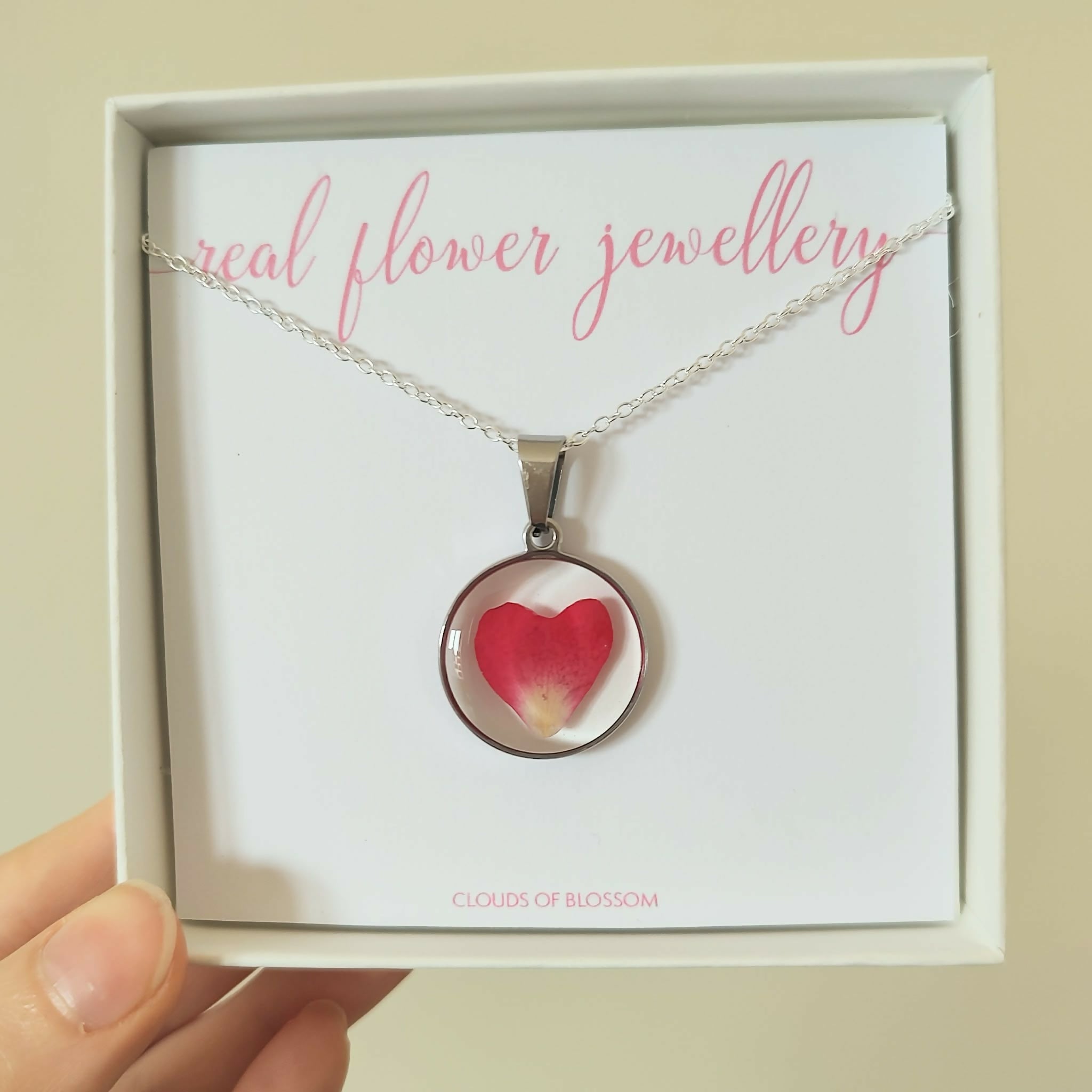 Pressed Rose Heart Necklace Stainless Steel