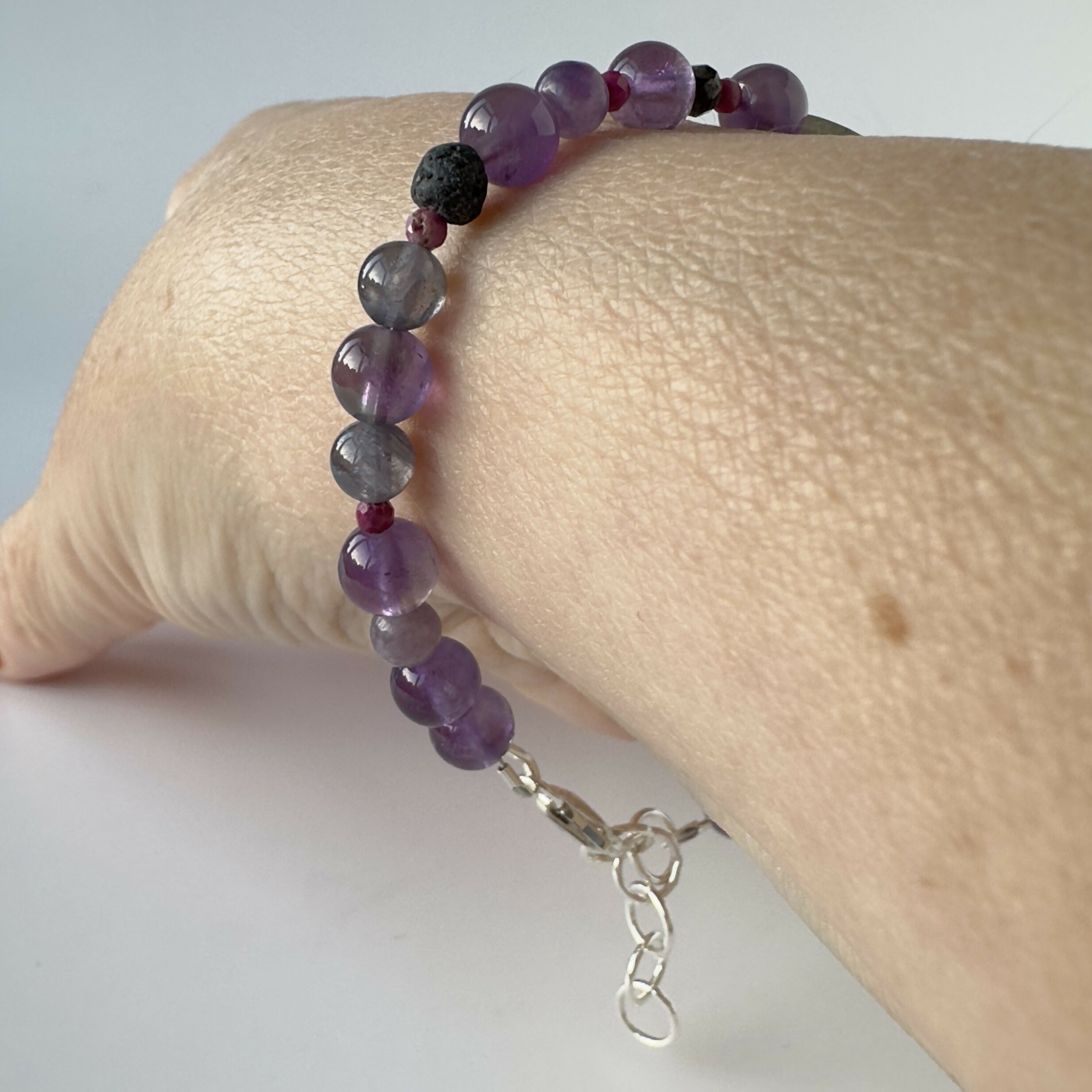 HEALING CRYSTAL & STERLING SILVER THIRD EYE CHAKRA BRACELET WITH AROMATHERAPY BEADS