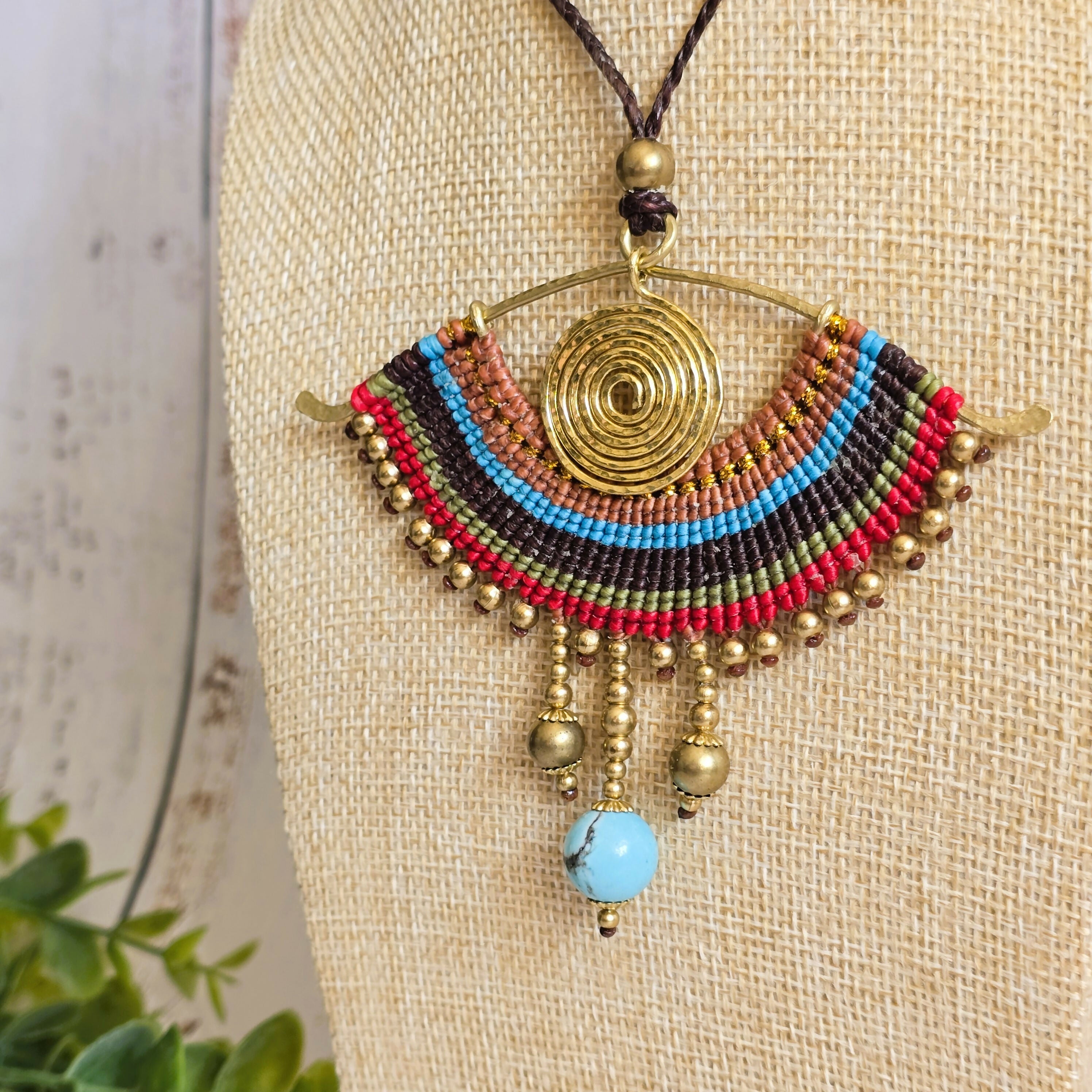 All-Seeing Eye Necklace; Turquoise Crystal Macramé Pendant With Handcrafted Brass Spiral Wire-Art