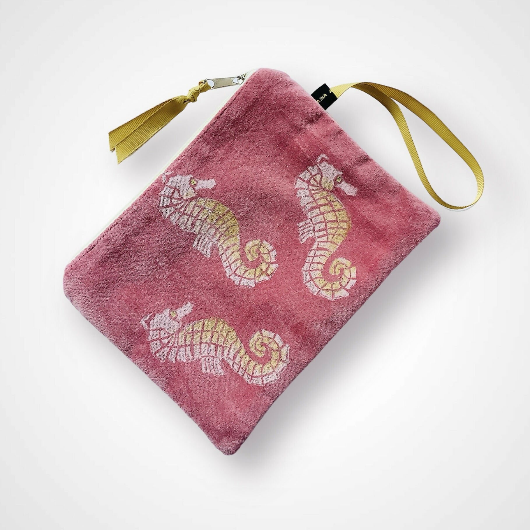 Dusty Pink Seahorses Velvet Zip-Up Pouch with Wrist Strap