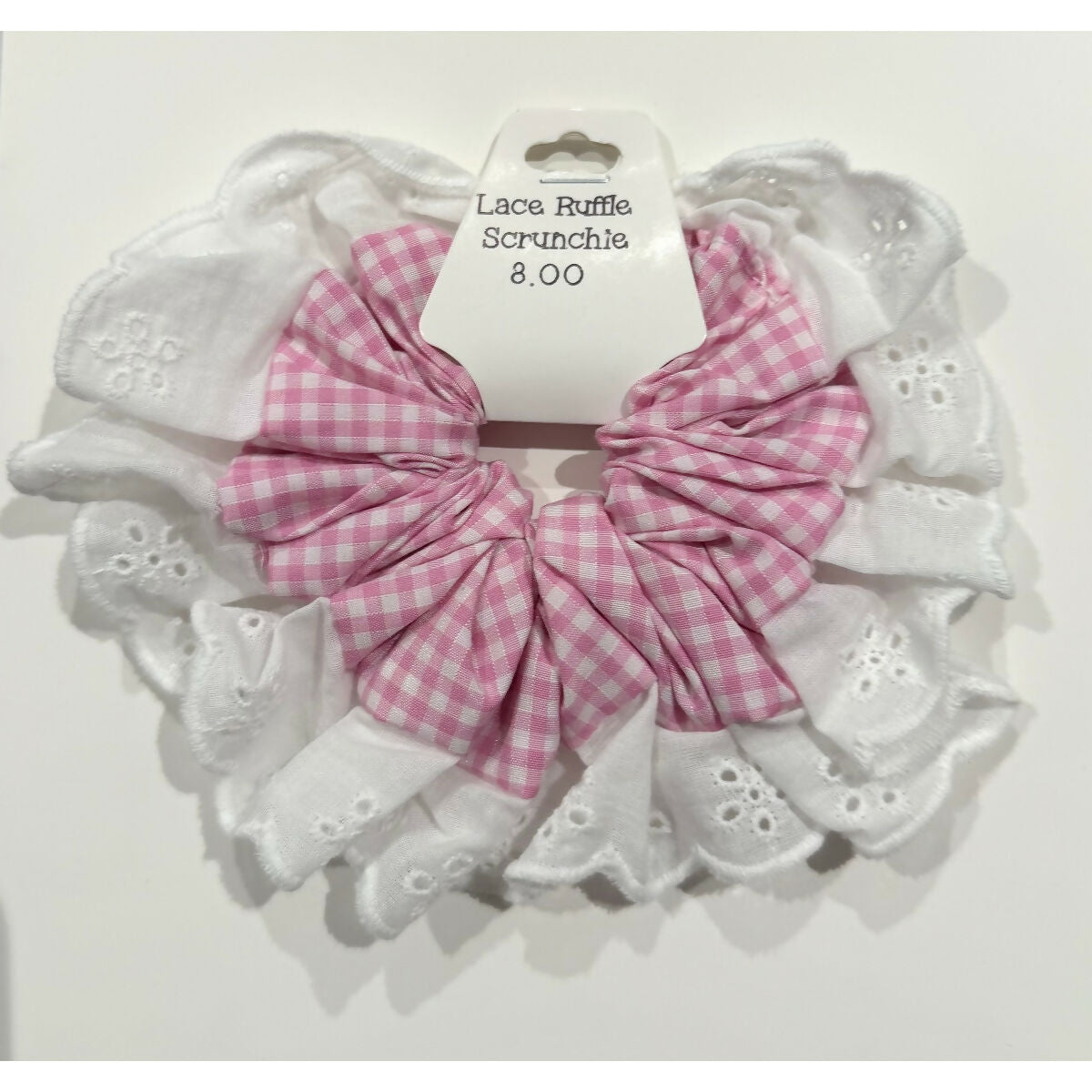 Pink Gingham Oversized Ruffle Broderie Lace Hair Scrunchie