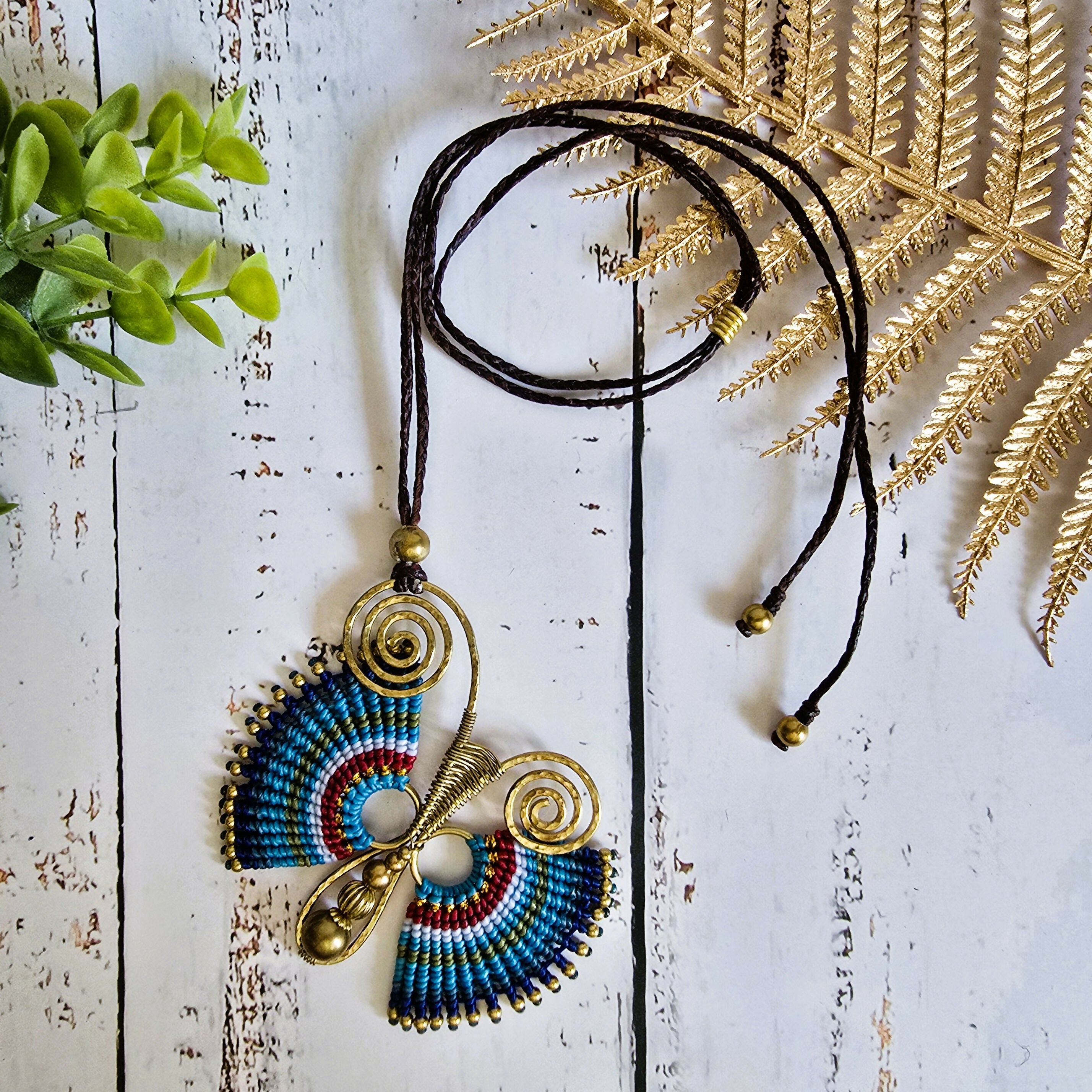 Blue Butterfly Necklace; Handcrafted Macramé & Gold Wire Art Statement Pendant