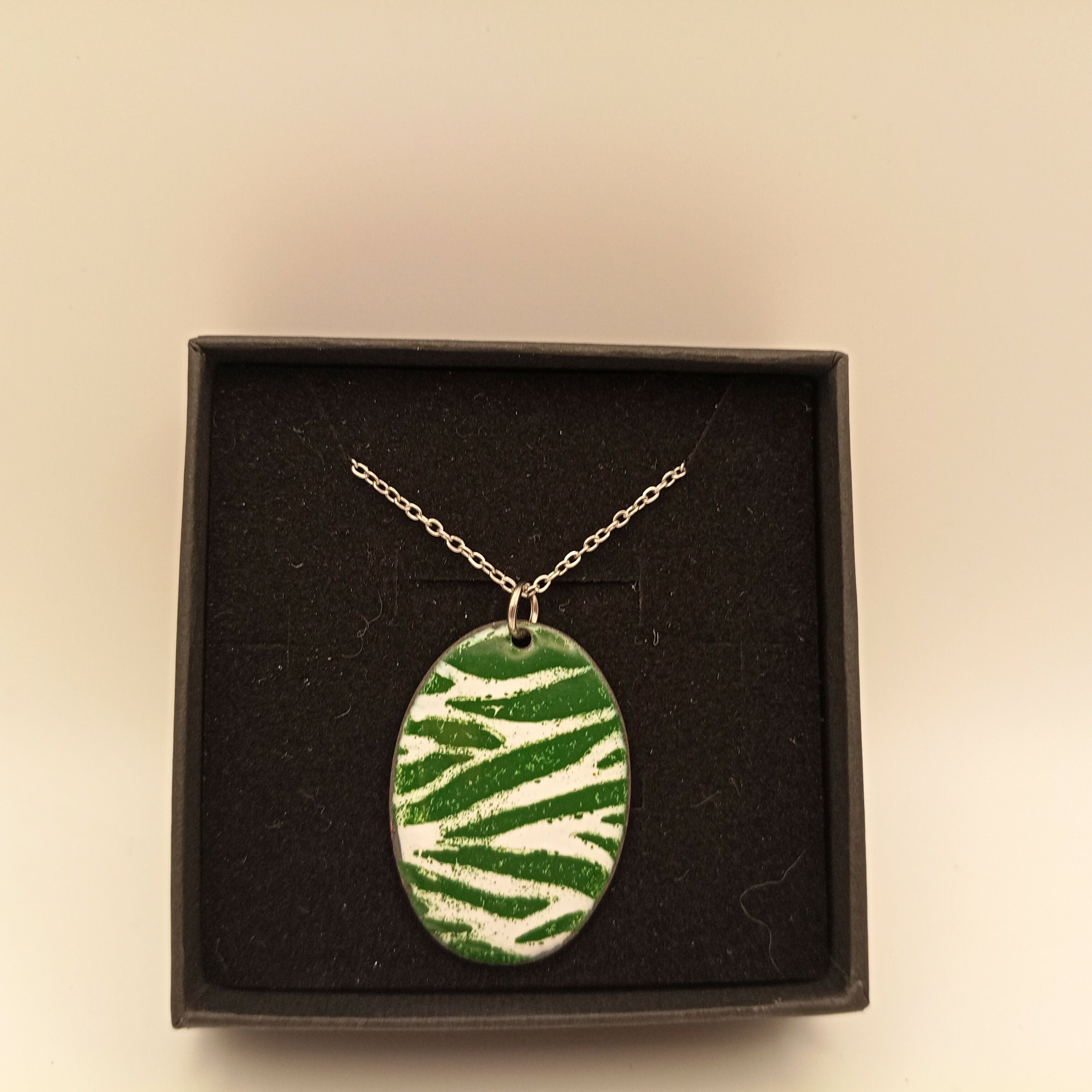 White and Green Striped Enamel Print Pendant