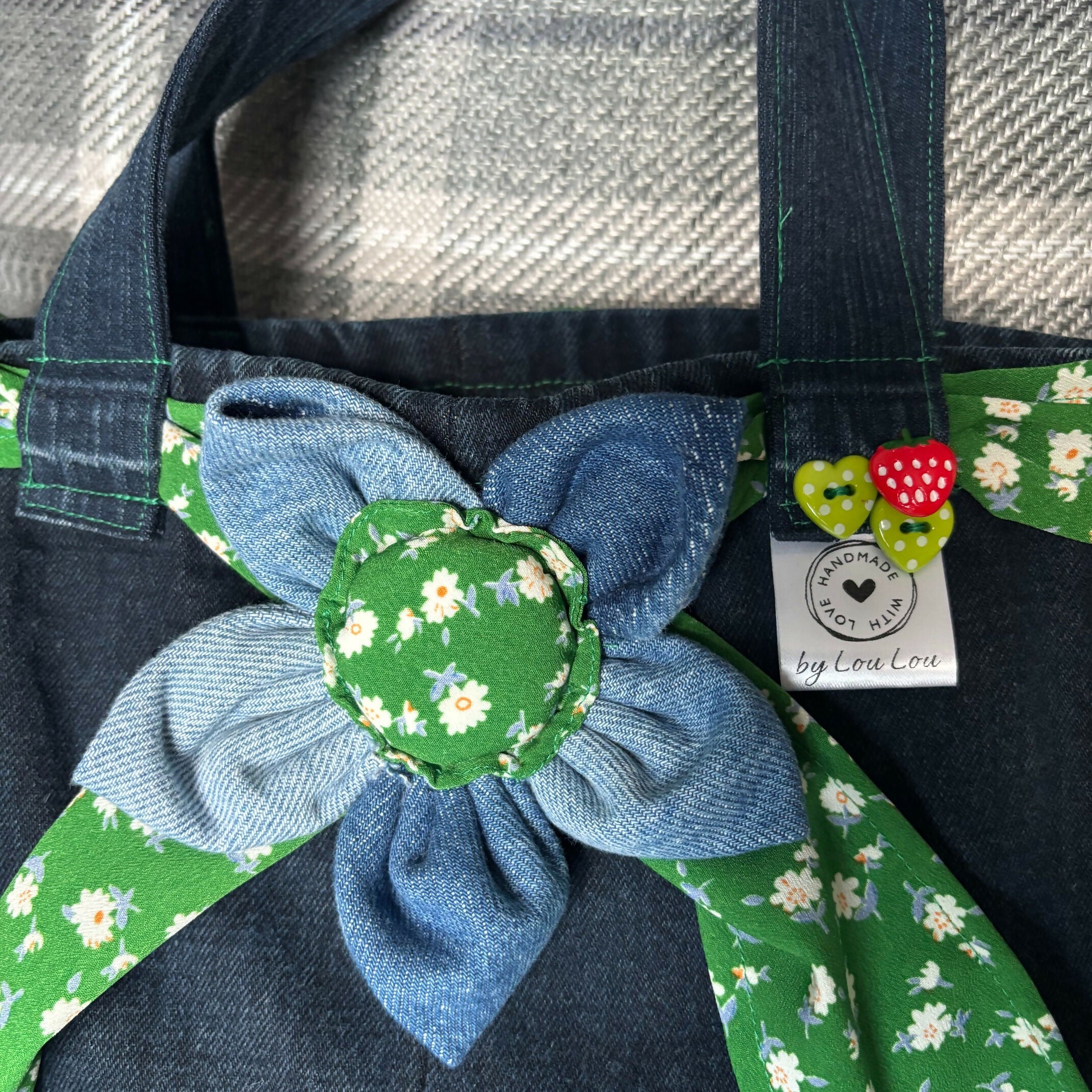 Unique Handcrafted Cute Denim Tote Bag Handbag Made From Upcycled Jeans With Flower Decoration